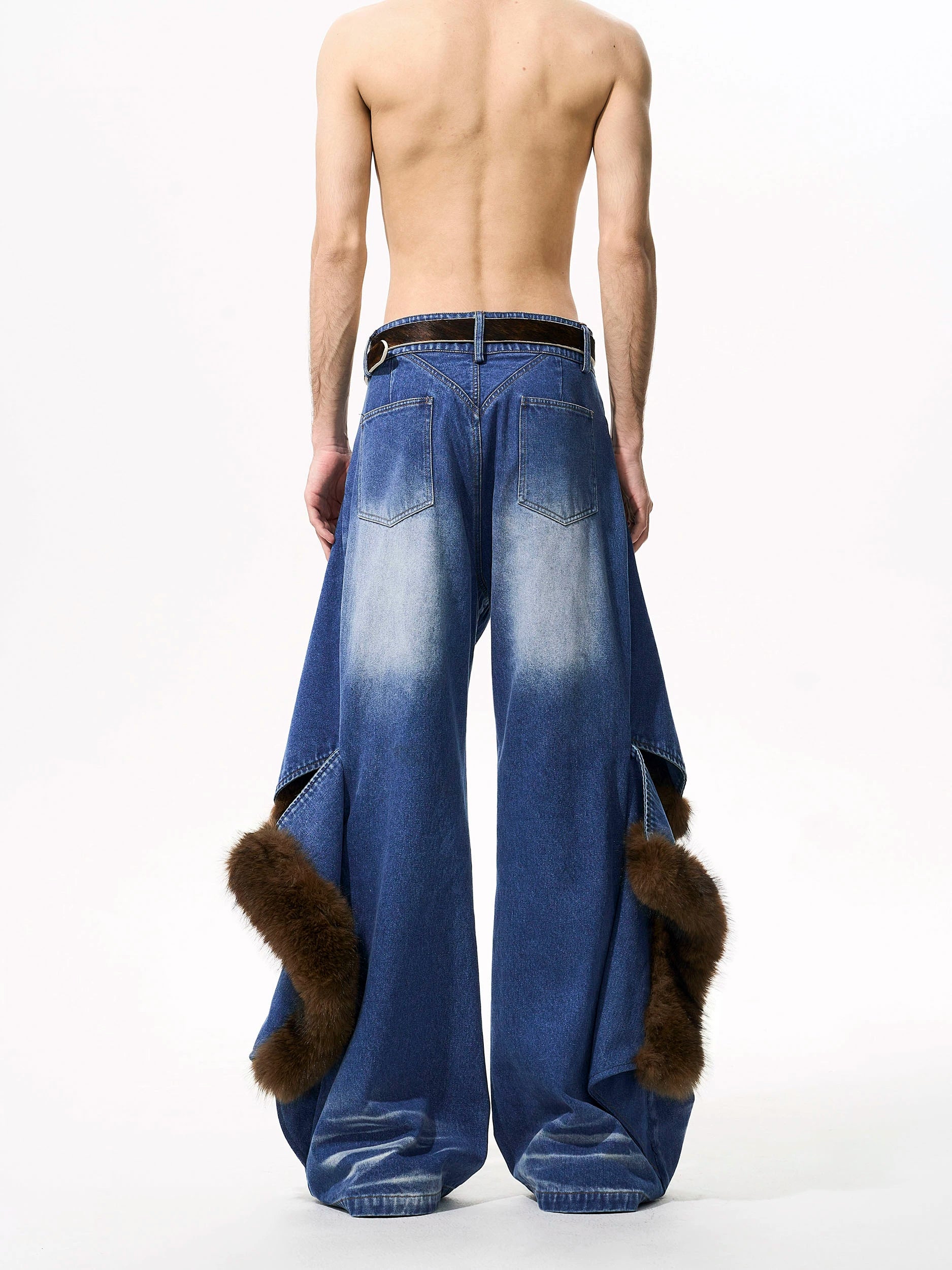 Vintage Faux Fur Patchwork Denim Pants Set