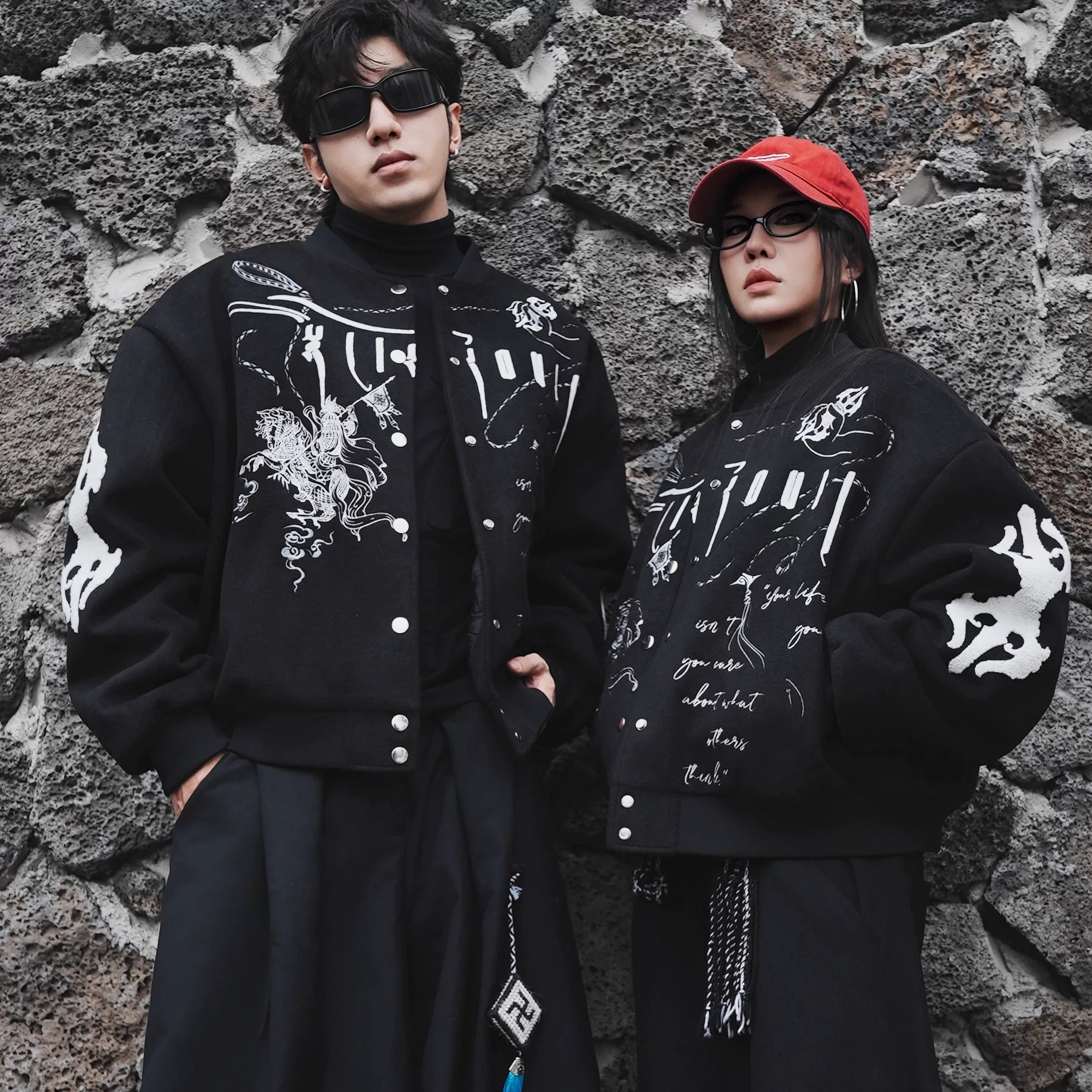 Sanhoostudio heavyweight varsity jacket featuring embroidery and wool blend fabric. Designed for bold unisex streetwear.