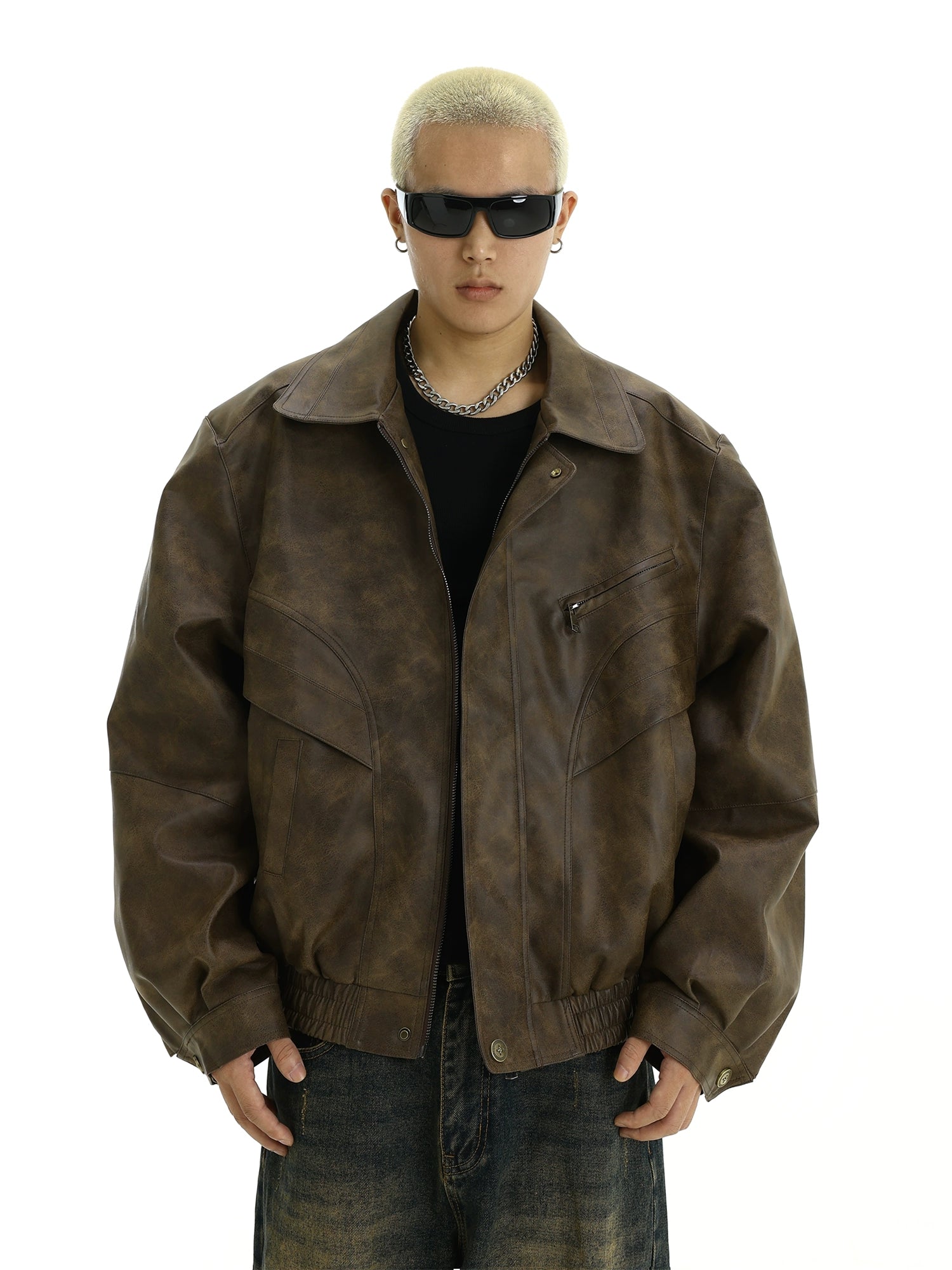 Vintage Brown Distressed Leather Jacket with Turn-Down Collar