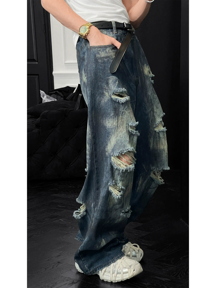 Distressed Washed Wide-Leg Denim Trousers