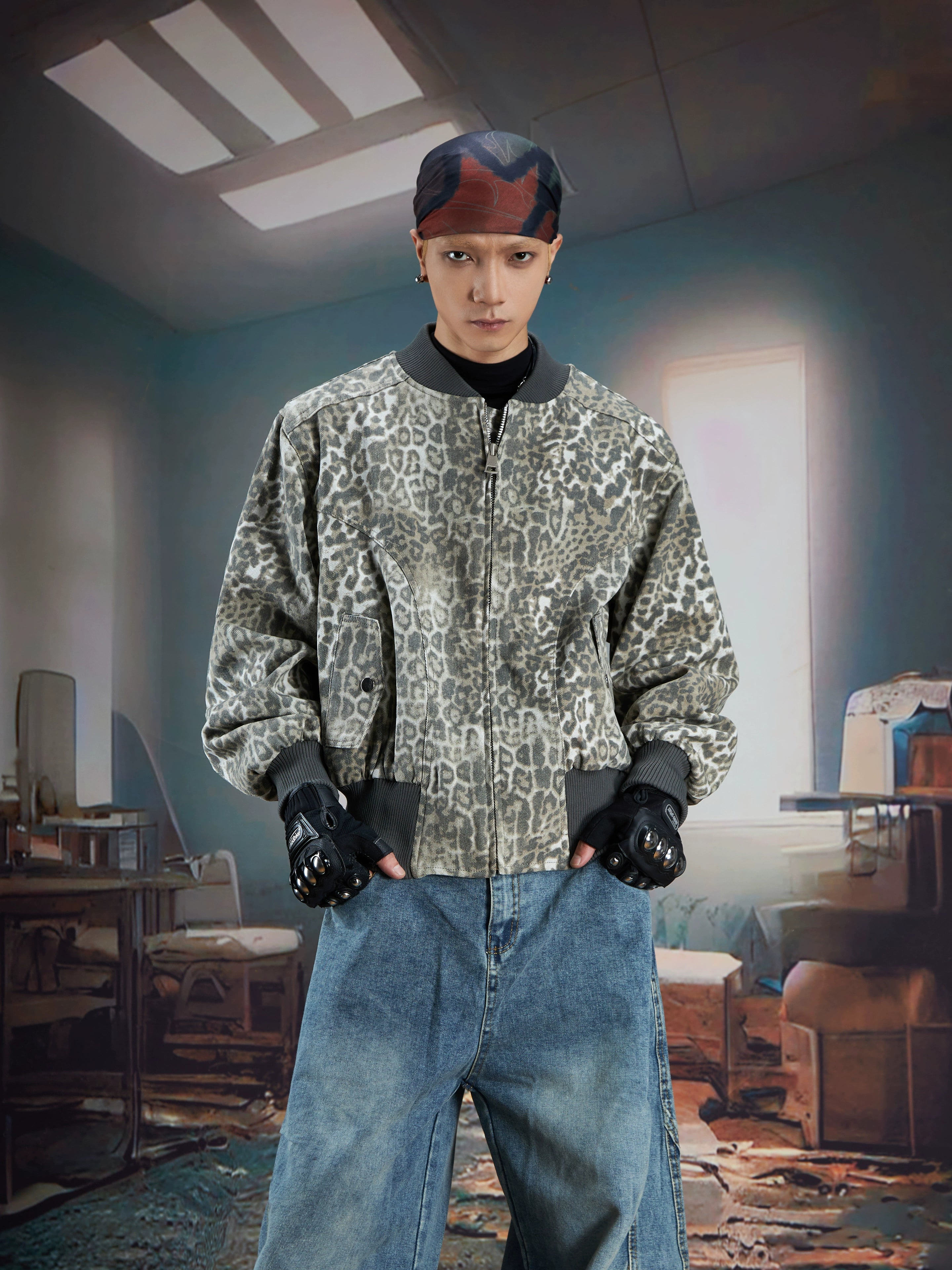 Leopard Print Baseball Jacket with Streetwear Casual Fit