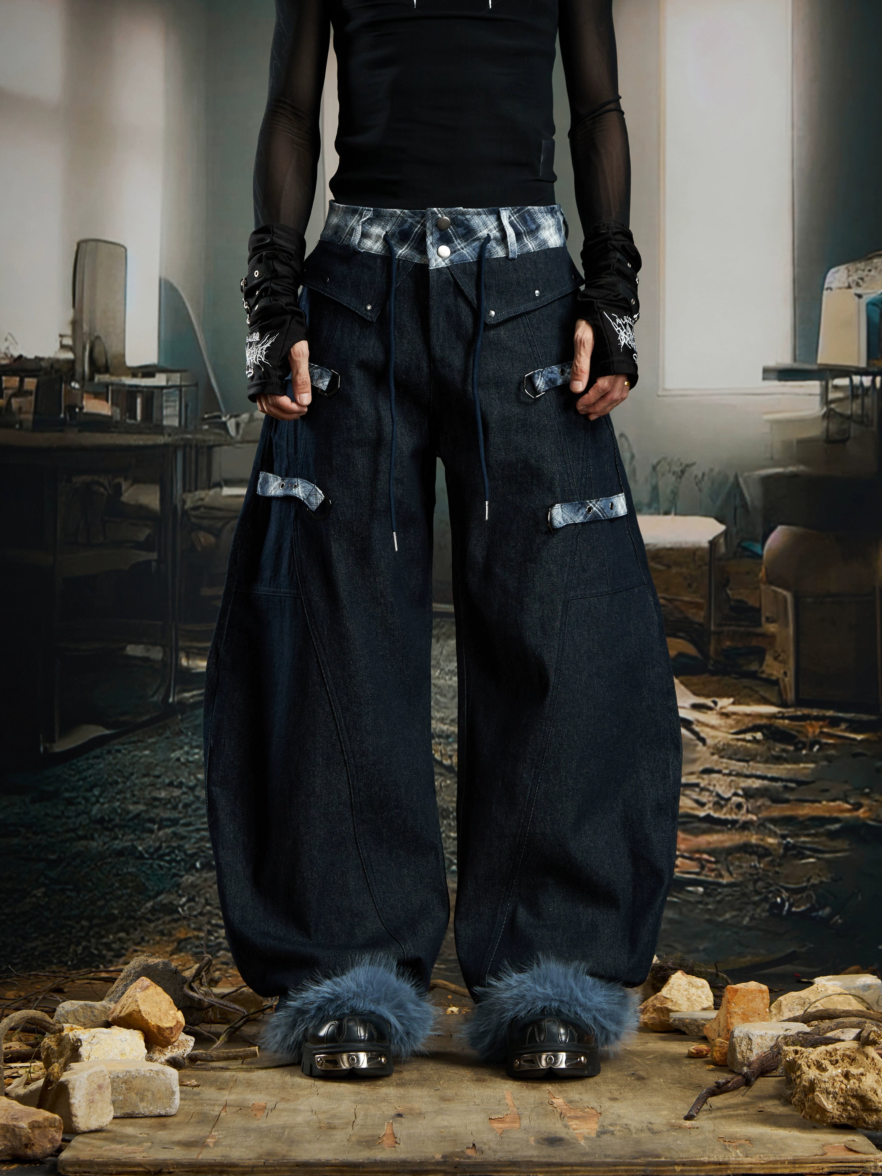 Y2K Plaid Patch Furry Detachable Hem Blade-Cut Jeans