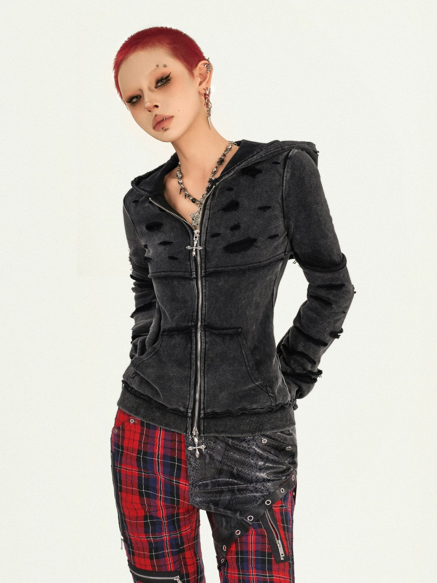 Washed Fitted Zip-Up Hoodie Jacket