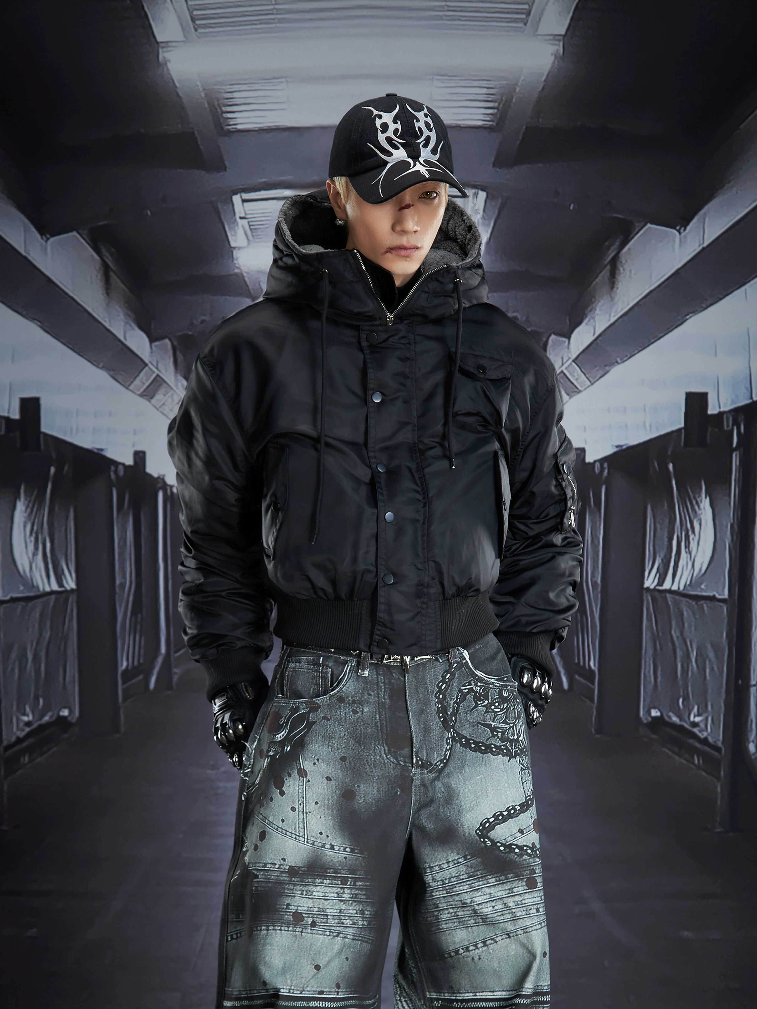 Detachable Fur-Collar Studded Hooded Fleece Puffer Jacket