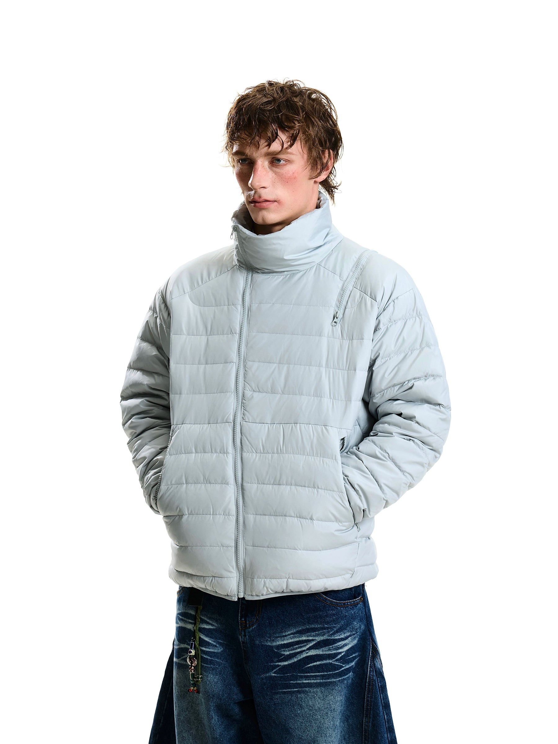 Asymmetric Zip Ribbed High-Neck Down Jacket