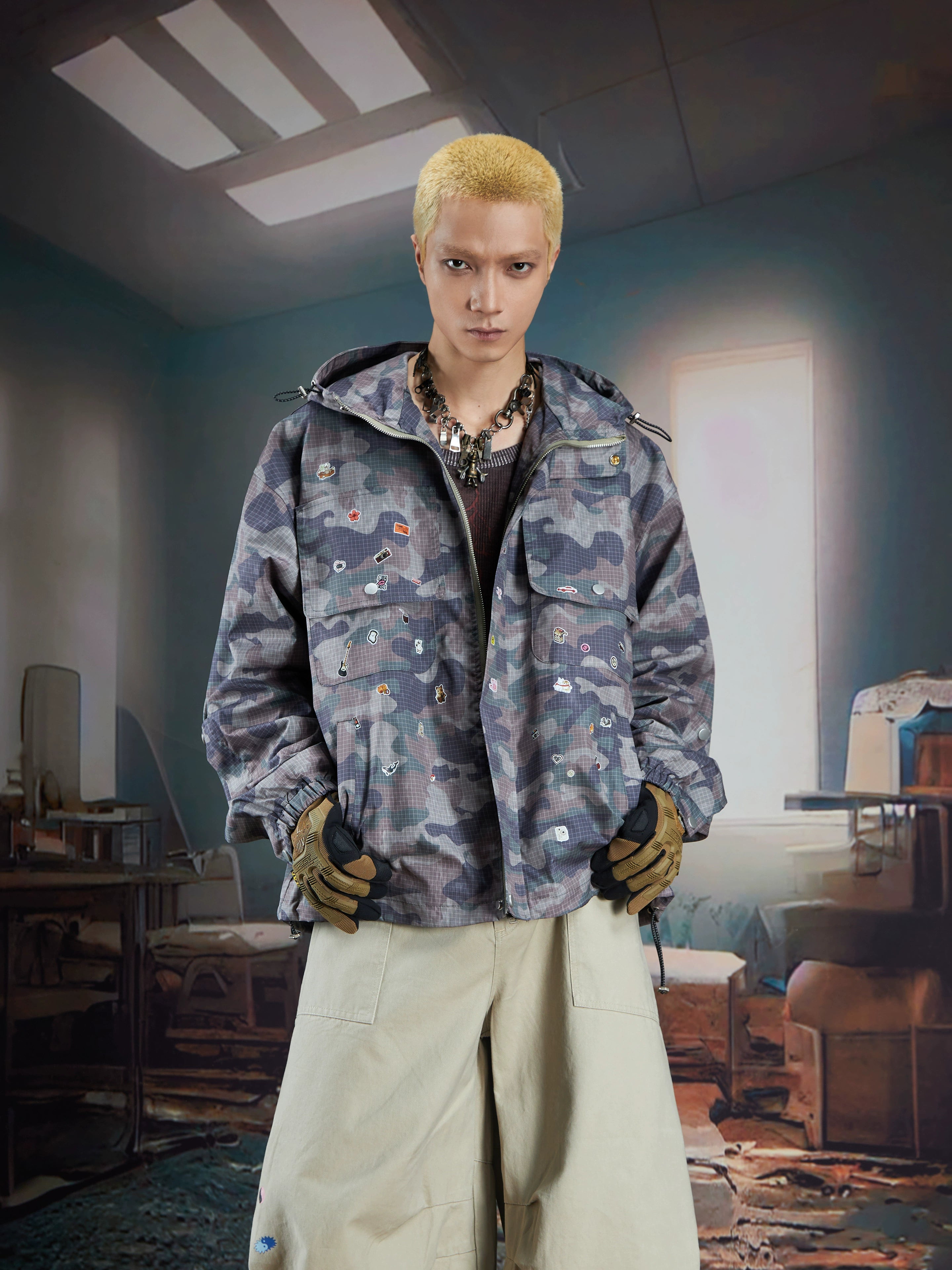 Graphic Print Hooded Zip-Up Camo Jacket Outdoor Style