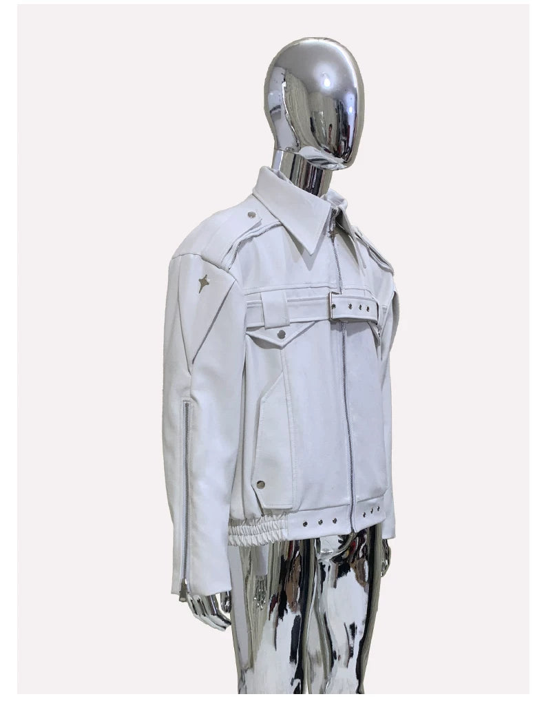 Sanhoostudio White Lapel PU Leather Moto Jacket