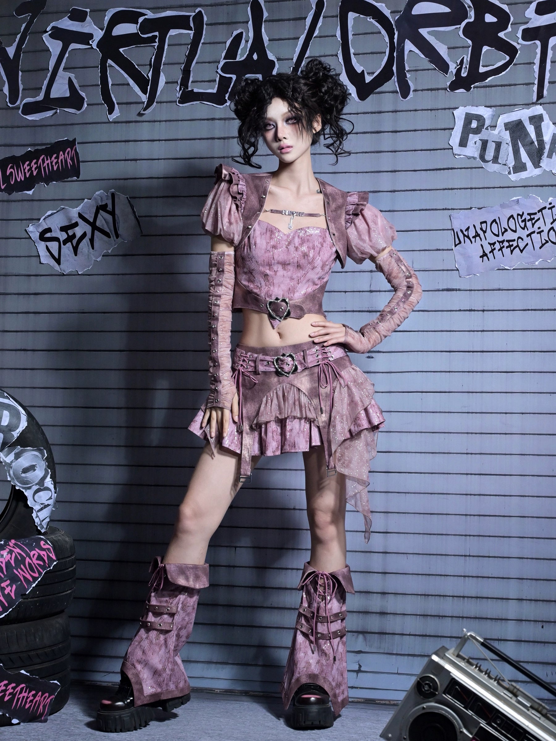 Puff Sleeve Heart Strap Top Set