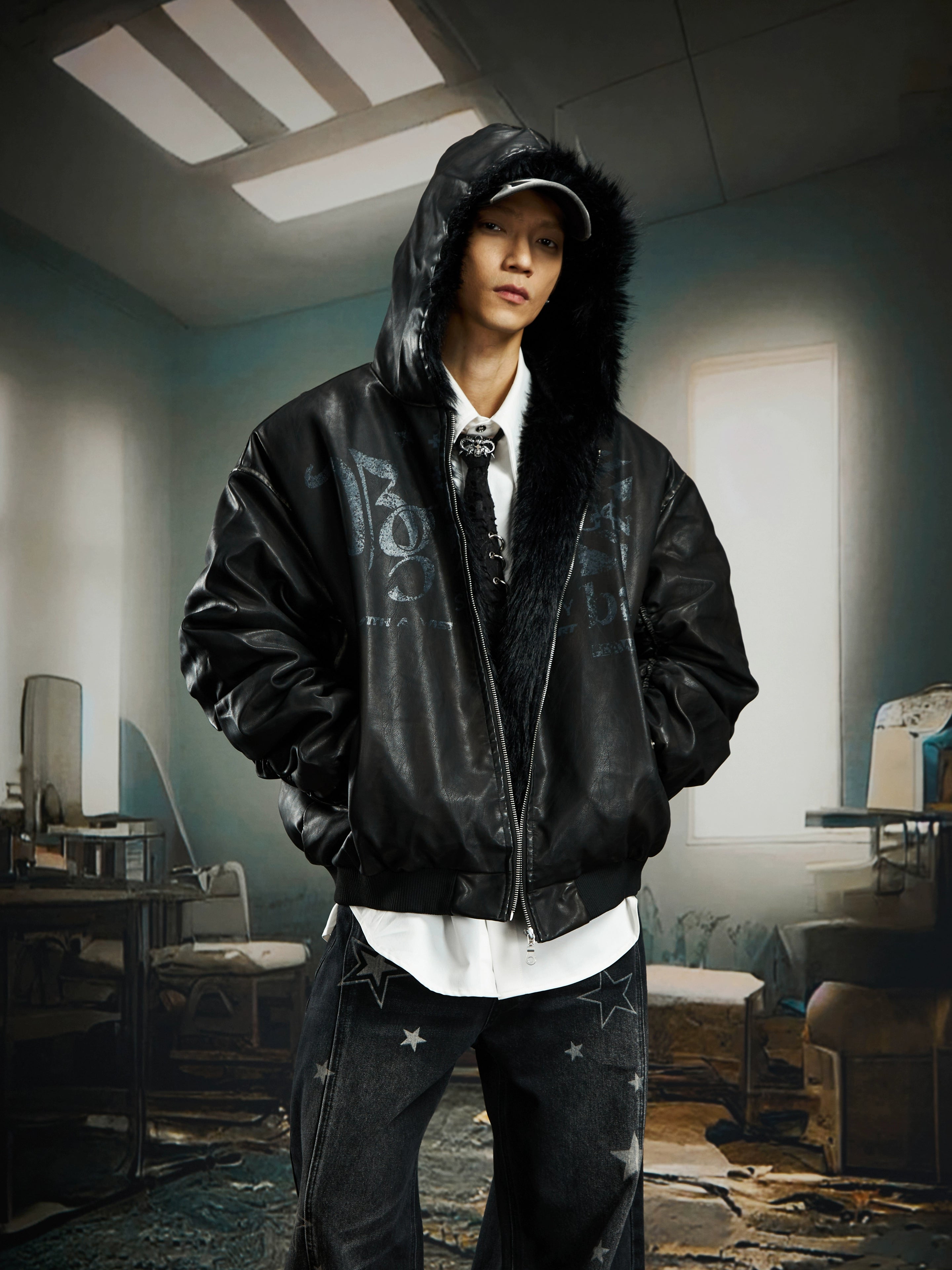 Distressed Dark Print Fur-Collar Hooded Padded Jacket