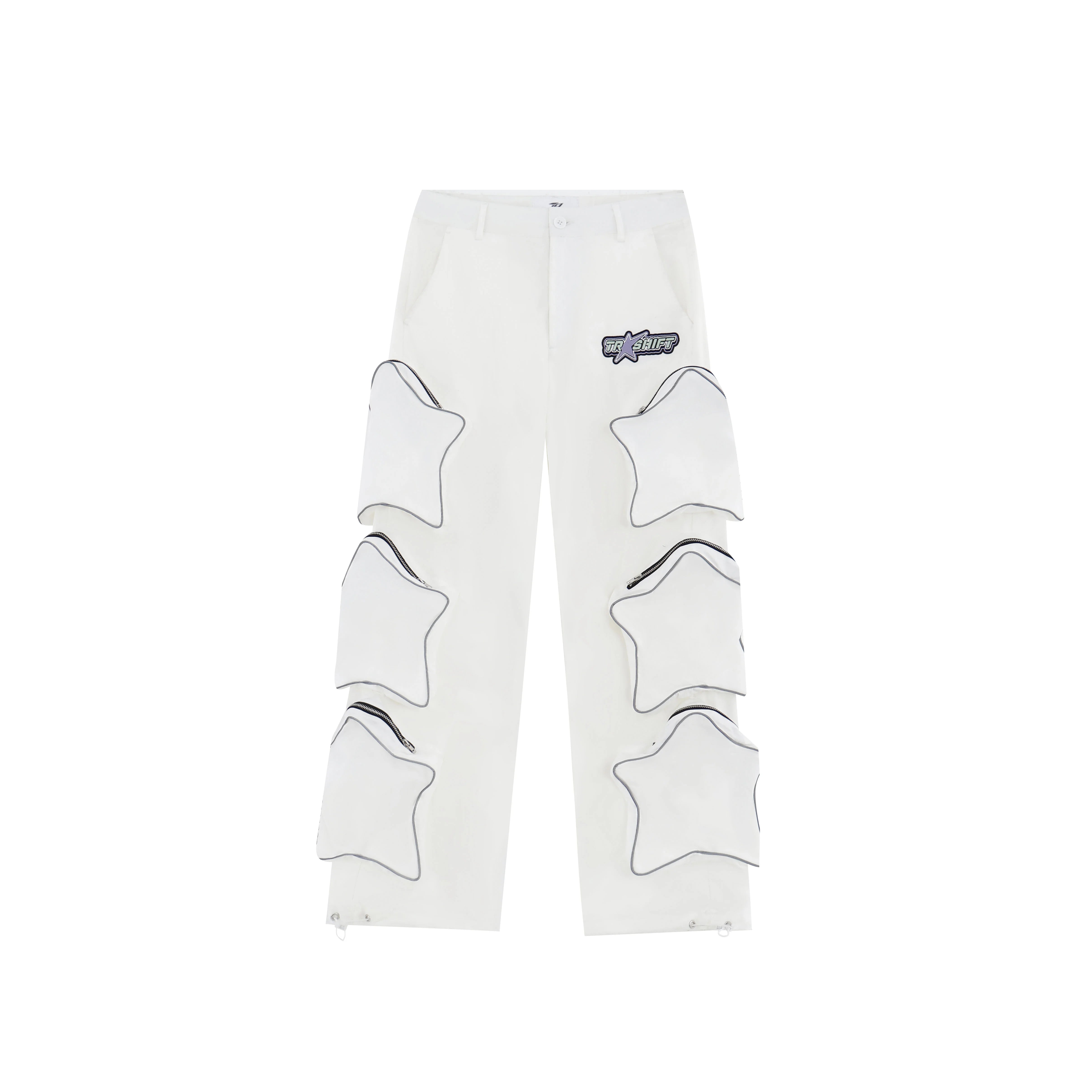 These reflective cargo pants from Sanhoostudio feature 3D star patches and bold avant-garde styling. The oversized fit and dark aesthetic make them ideal for nightwear, performance looks, or urban outfits, blending futuristic energy with functional streetwear practicality.