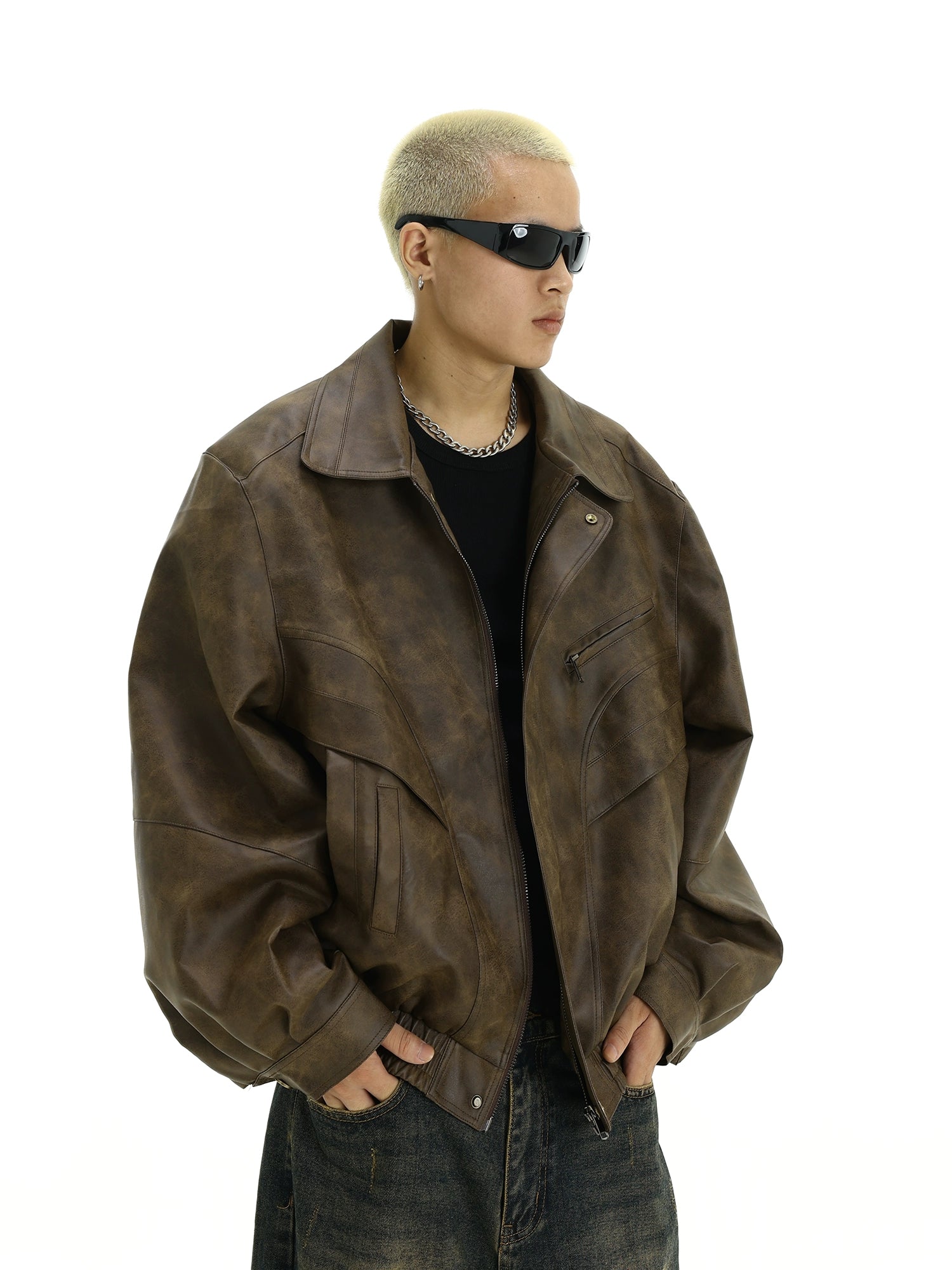 Vintage Brown Distressed Leather Jacket with Turn-Down Collar
