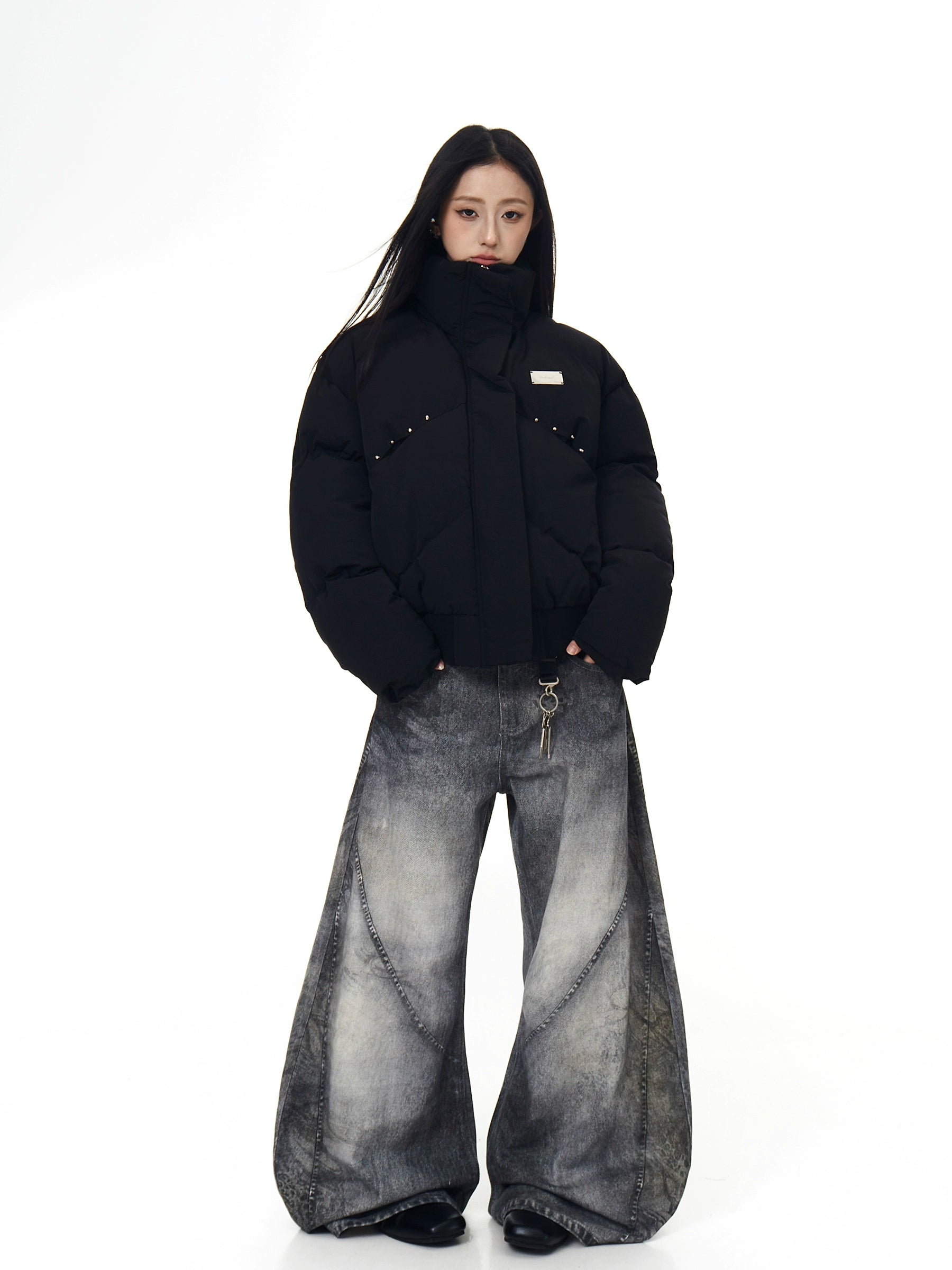 Studded Deconstructed Stand-Collar Puffer Jacket