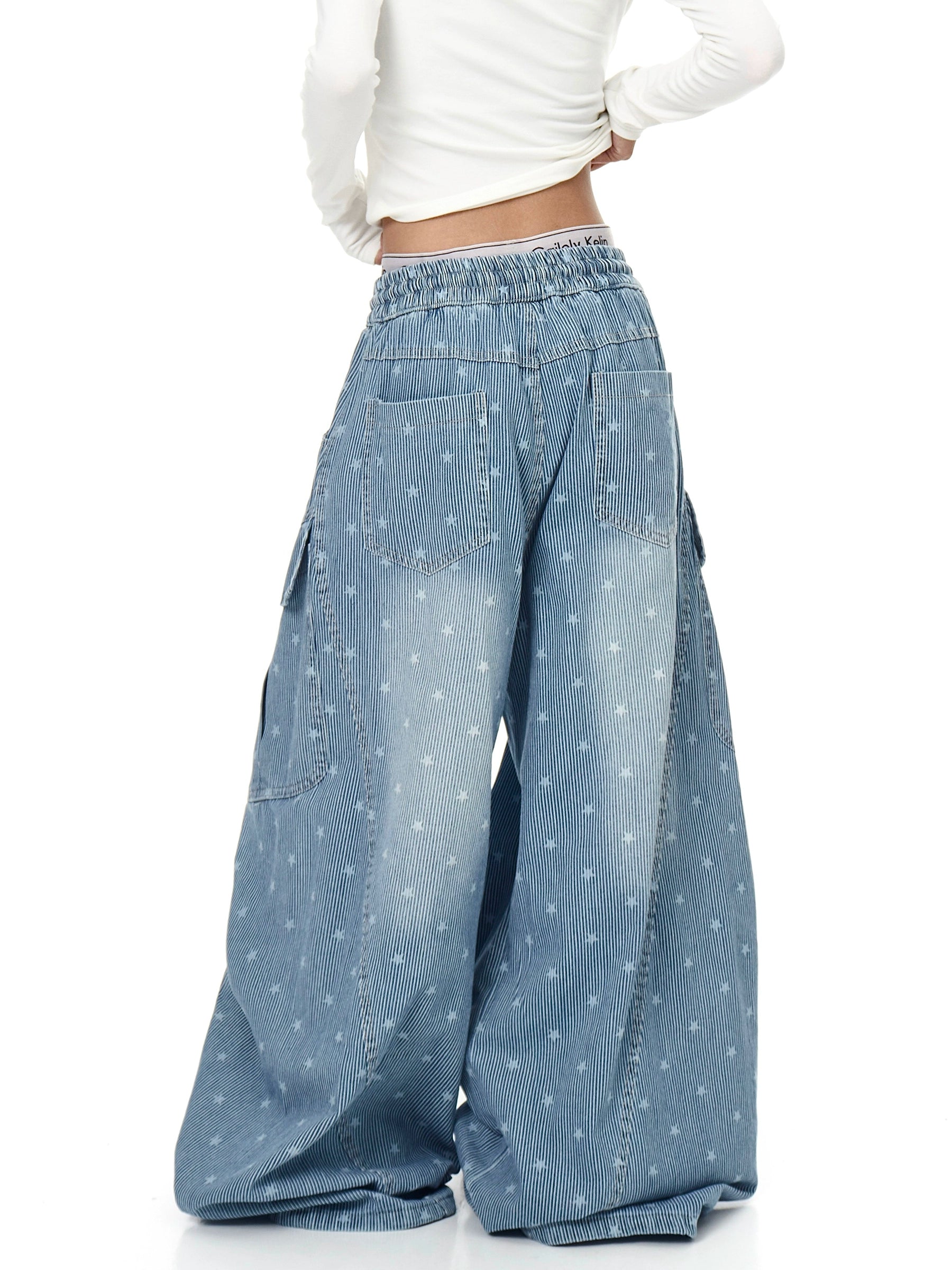 Vintage Star Print Striped Denim Pants