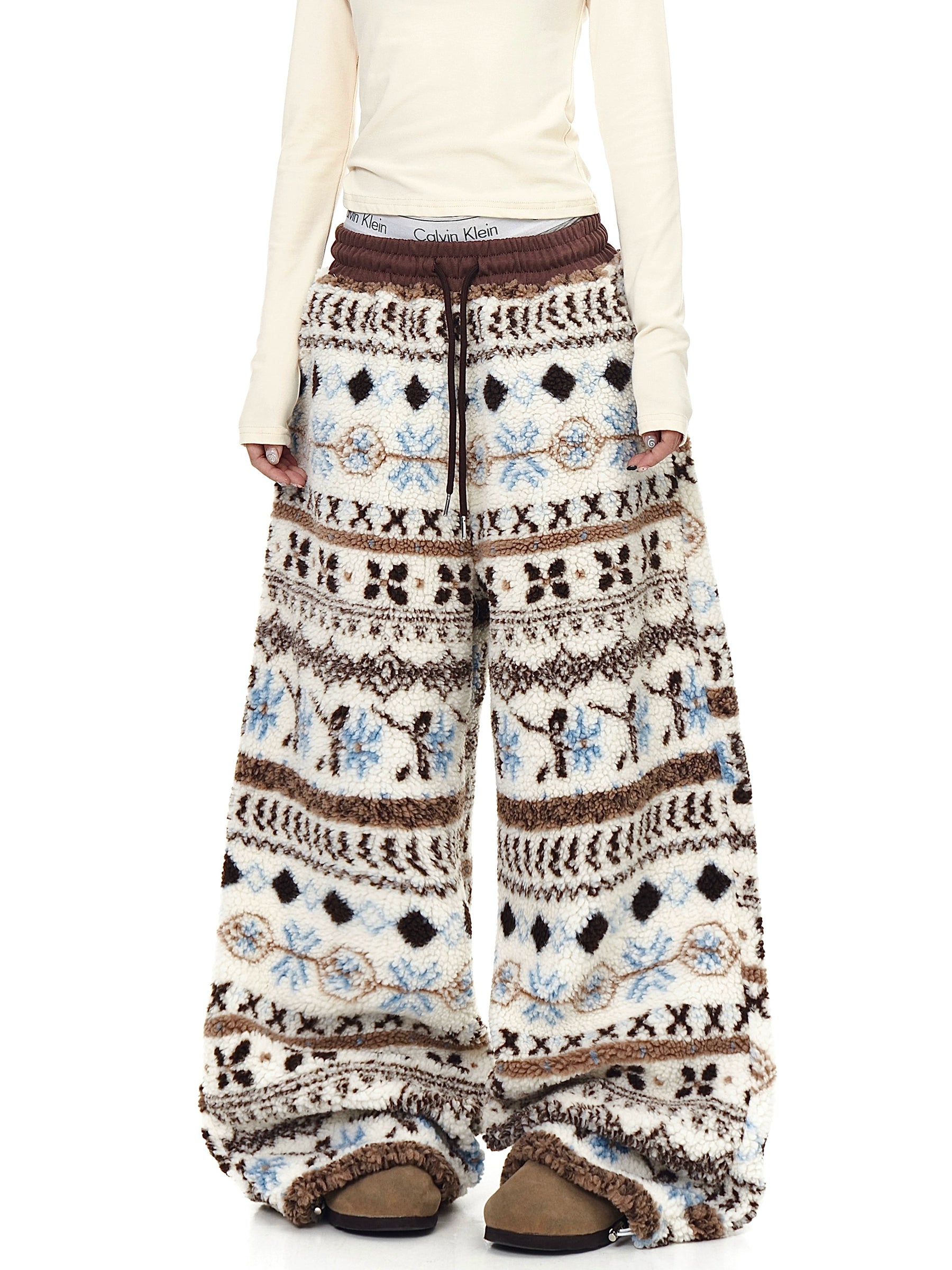 Fair Isle Sherpa-Lined Cozy Winter Wide Pants