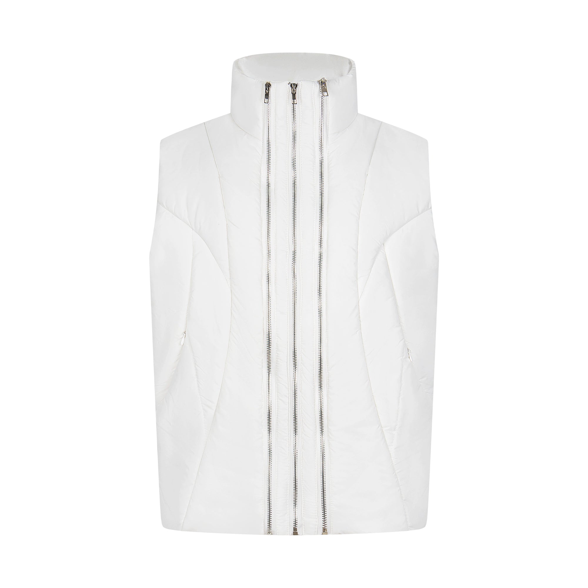 A functional tech-style puffer vest with deconstructed paneling and a bold zip-up design. Unisex, versatile, and perfect for layering in winter. High-street utility wear from Sanhoostudio.