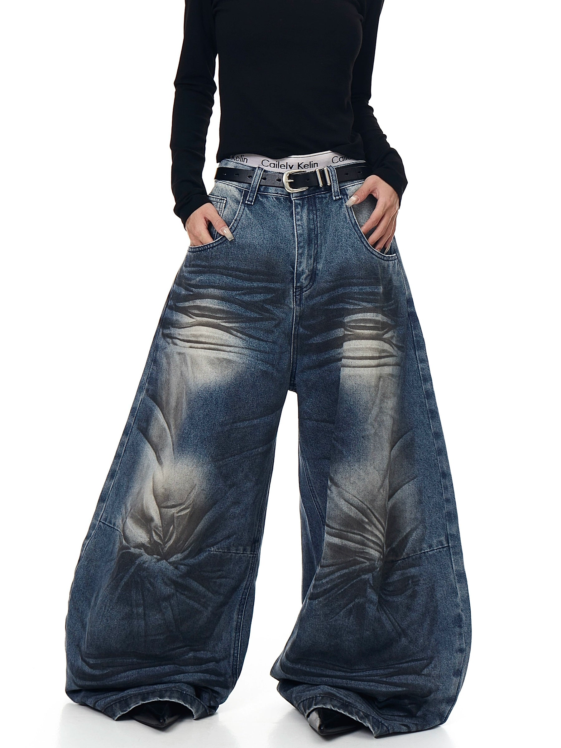Washed Whisker Curved Denim Wide-Leg Jeans