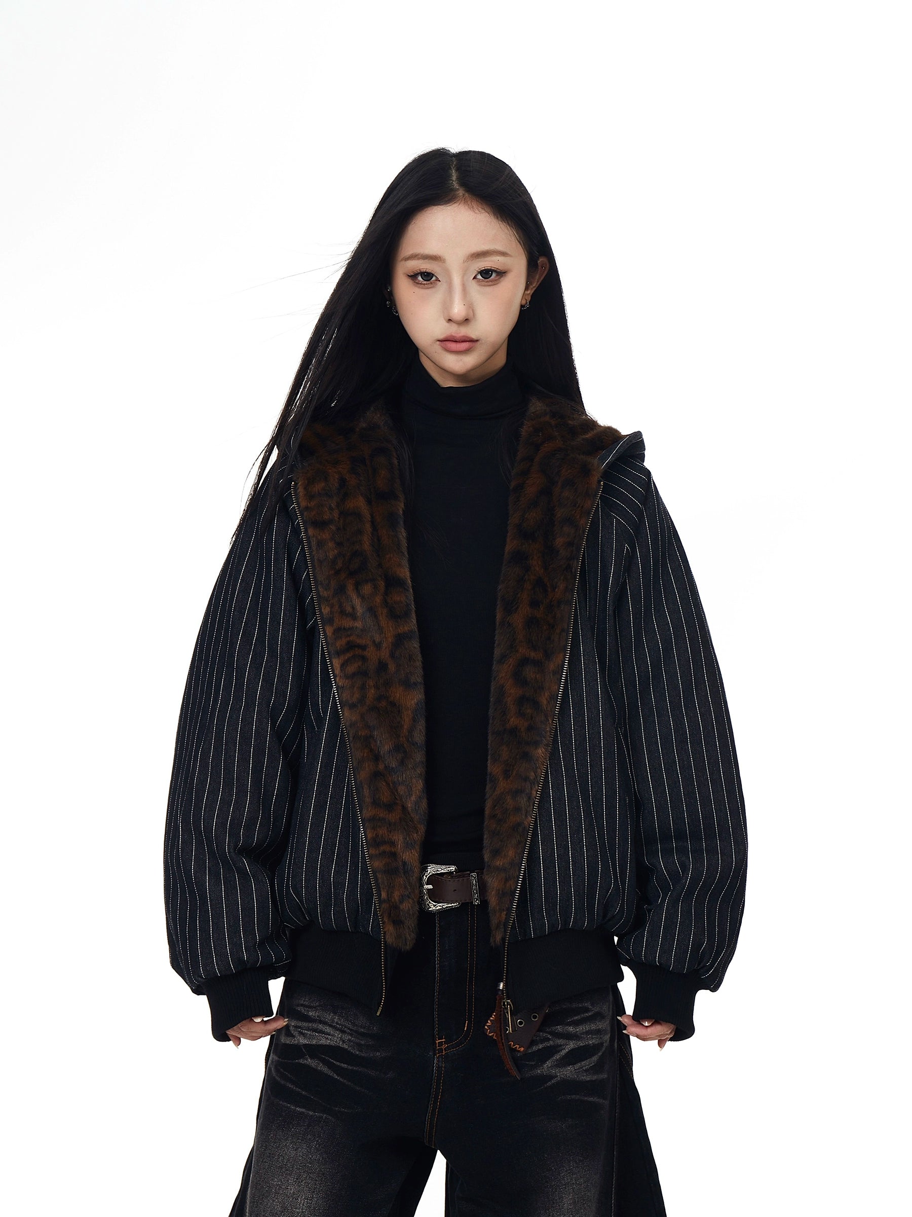 Leopard Plush Striped Spliced Hooded Puffer Coat