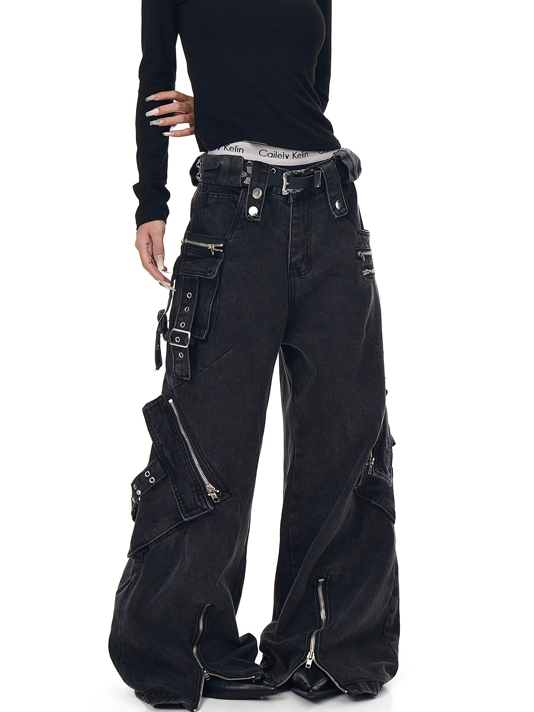 Washed Multi-Pocket Punk Cargo Denim Pants