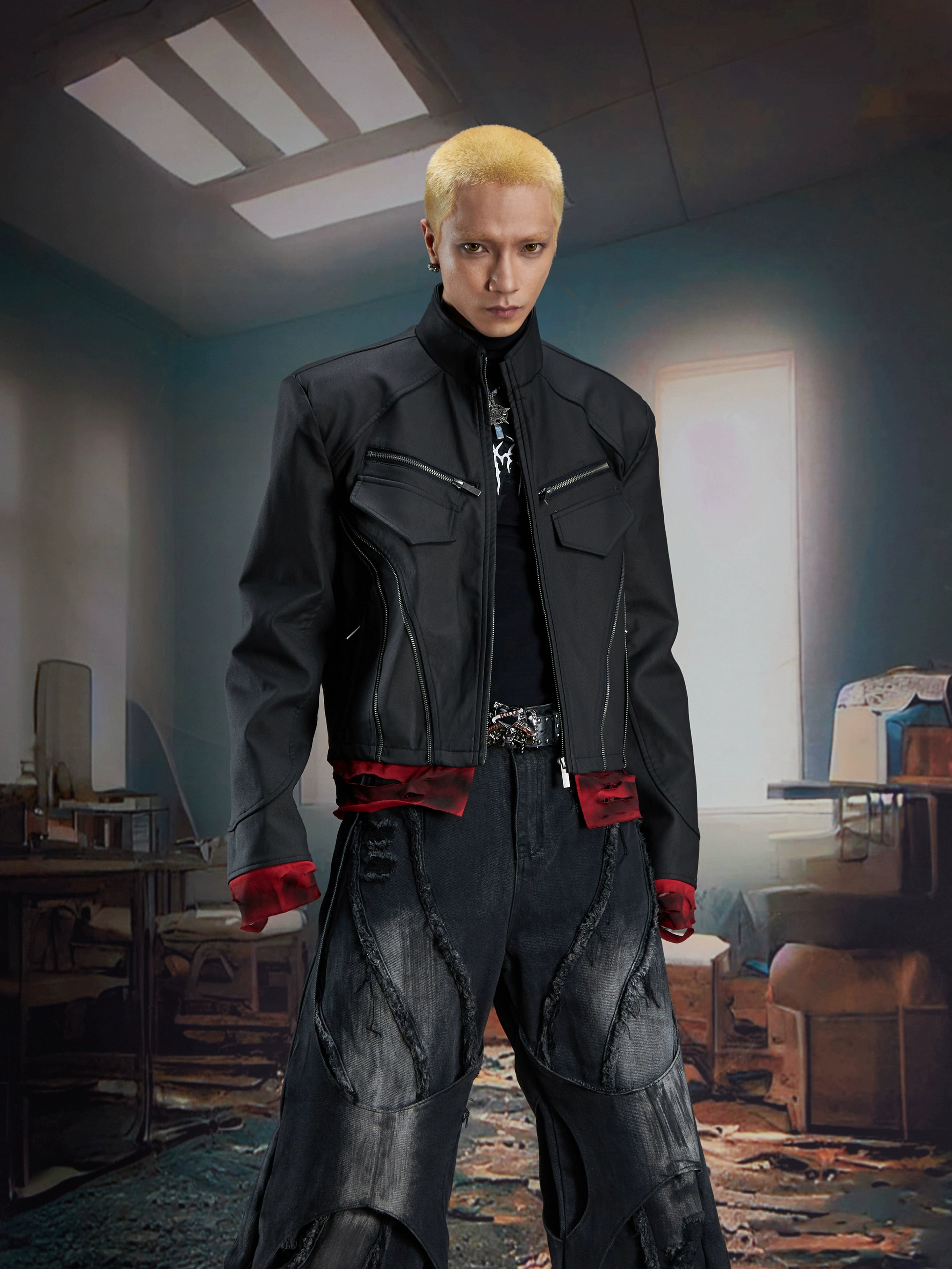 Dark Niche Deconstructed Layered Zipper Short Leather Jacket Unisex