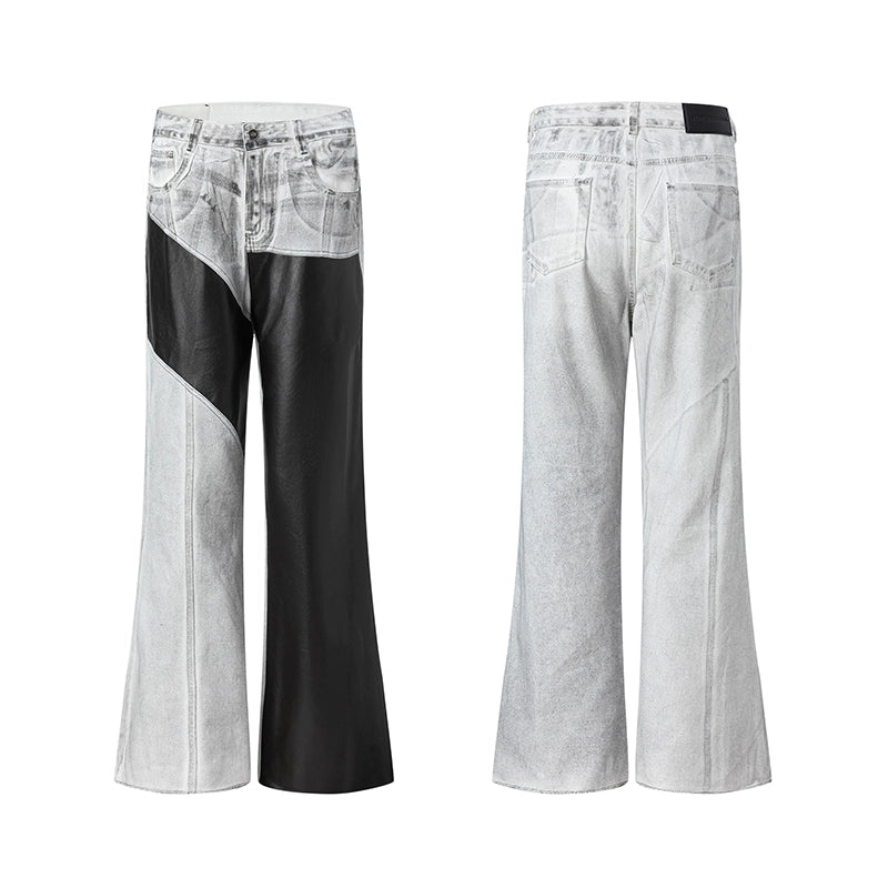 The Sanhoostudio distressed off-white jeans combine premium leather patchwork with a subtle flared cut. Their faded finish adds a rugged vintage vibe, while the unique detailing enhances versatility, making them a must-have for bold, high-fashion urban wardrobes.