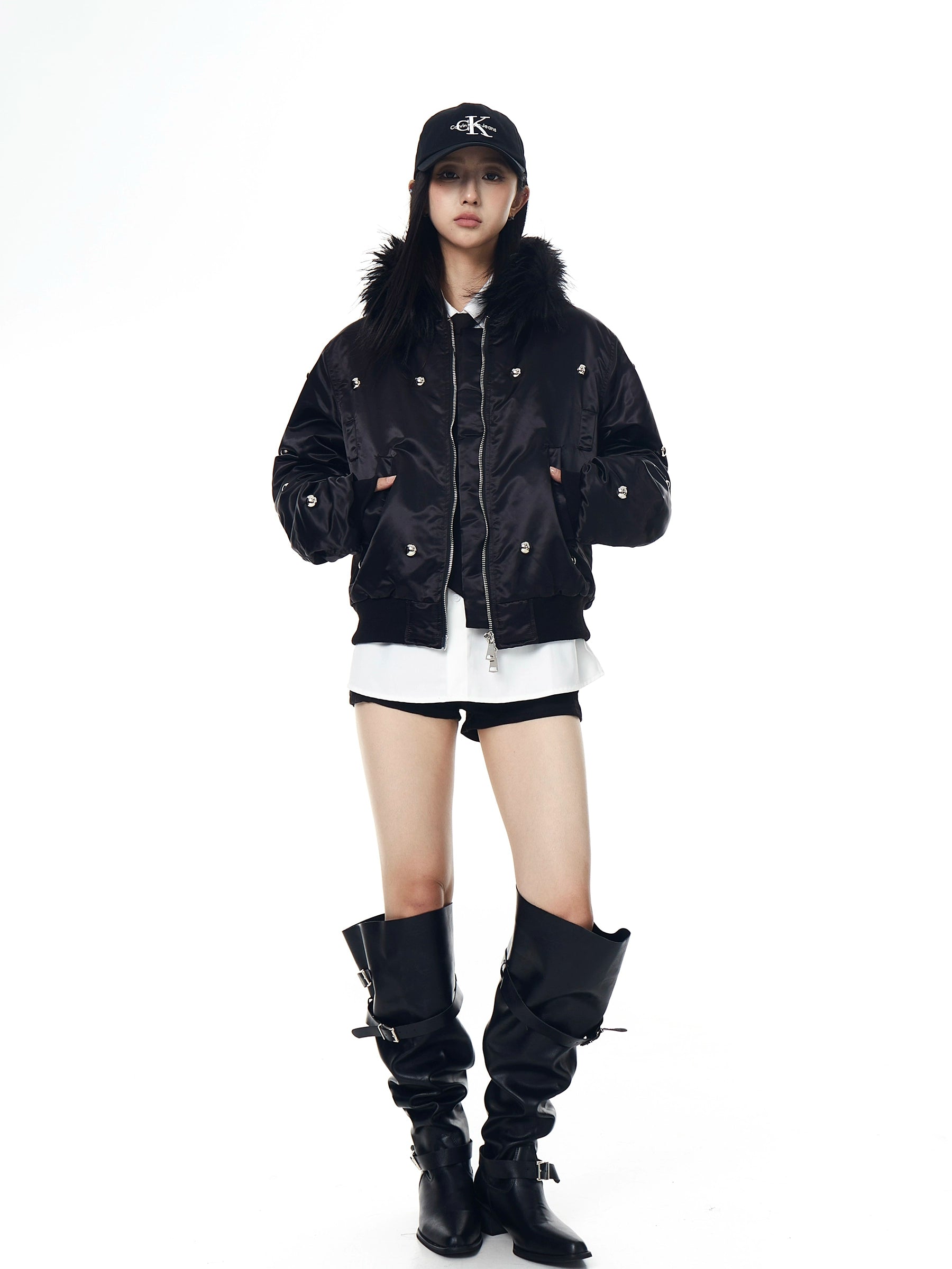 Studded Aviator Fur-Collar Heavy Puffer Jacket
