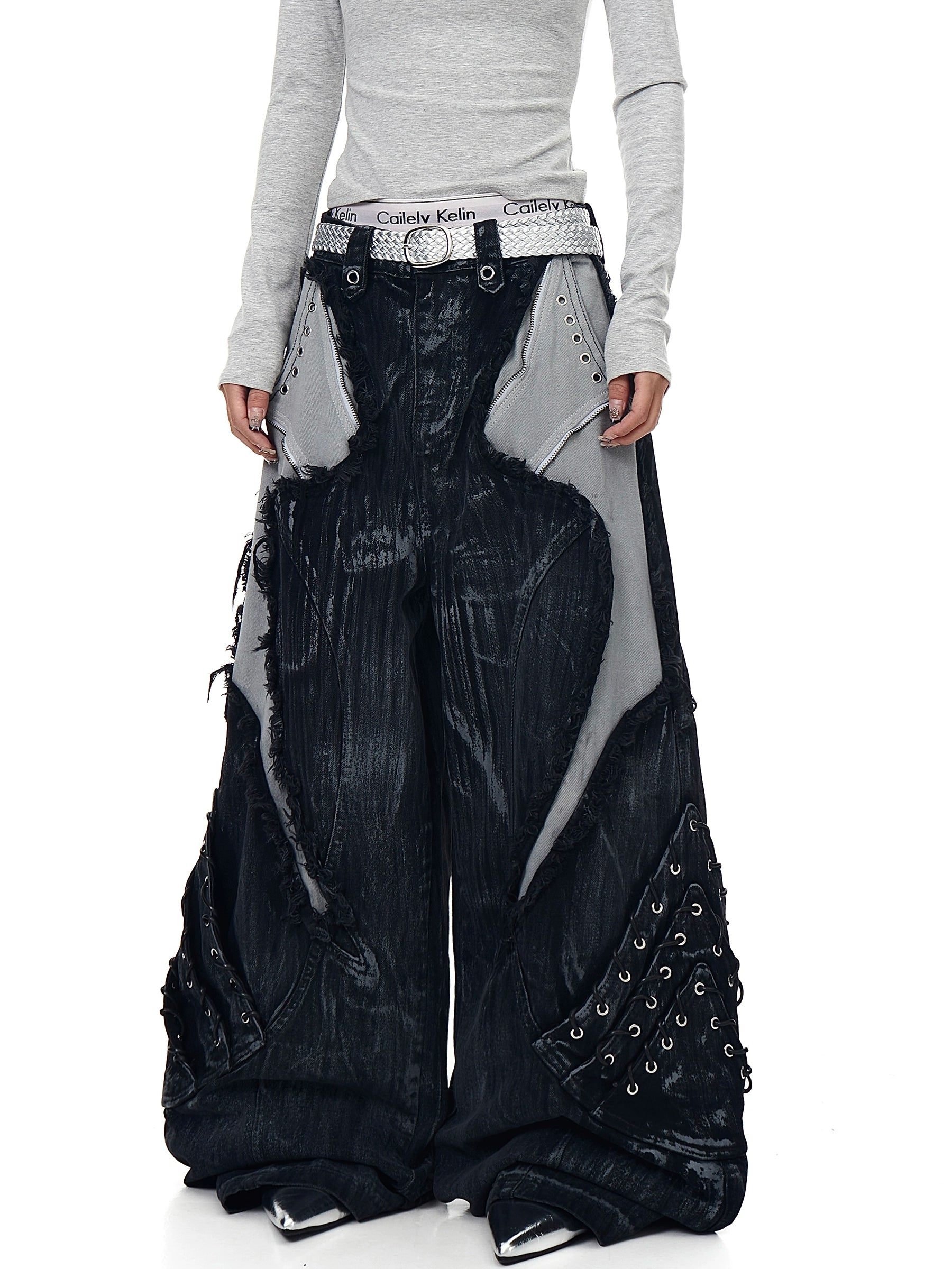 Heavy Washed Patchwork Distressed Deconstructed Wide-Leg Denim Pants