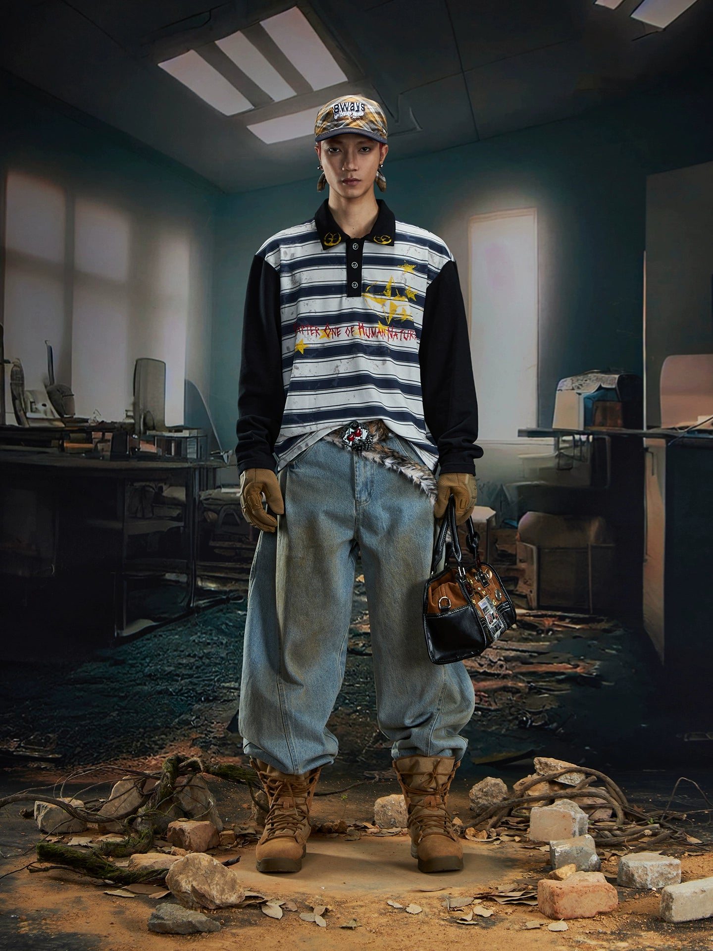 Layered Distressed Stripe Polo Shirt with Graphic Print