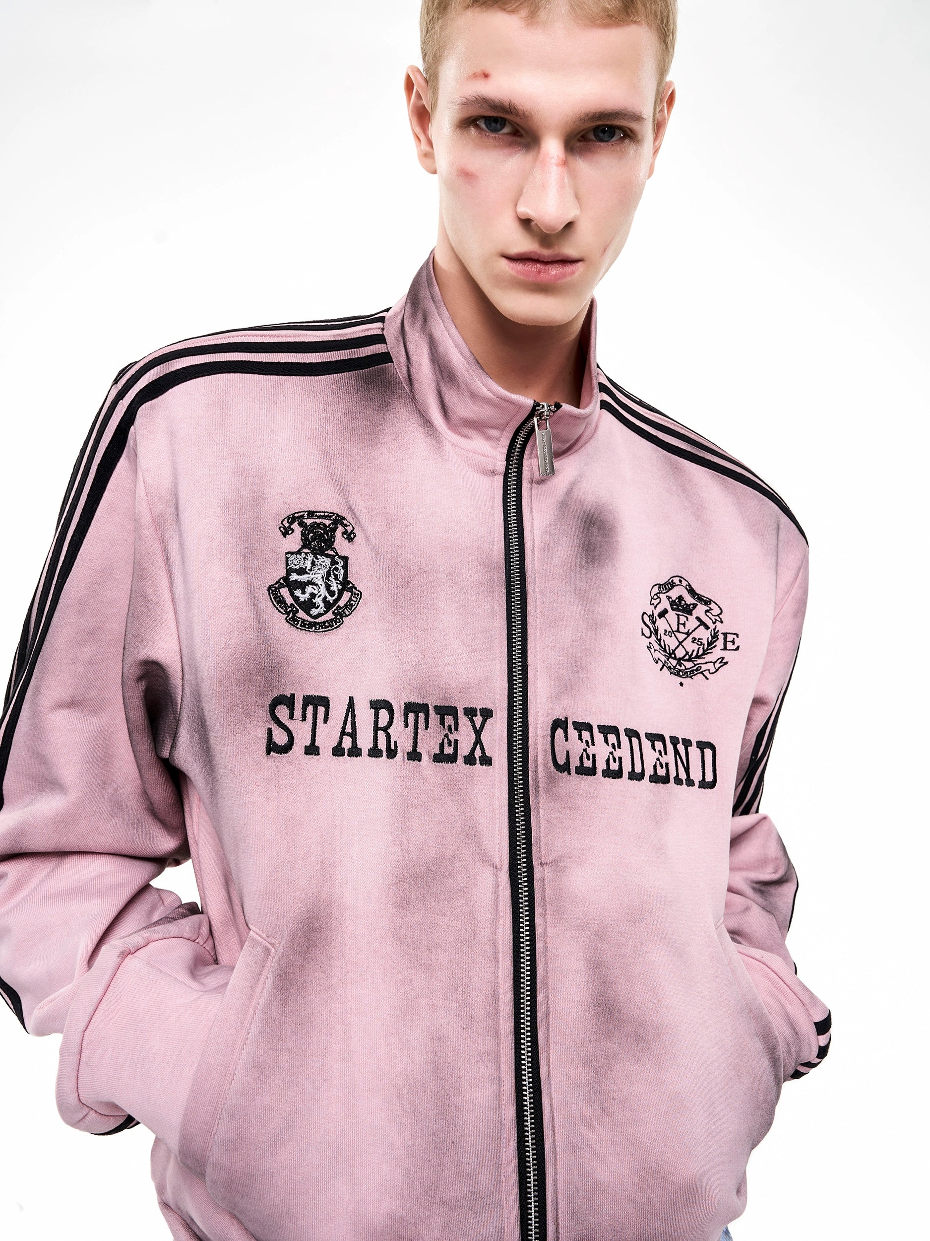 Pink Four-Stripes Washed Varsity Sweatshirt Set