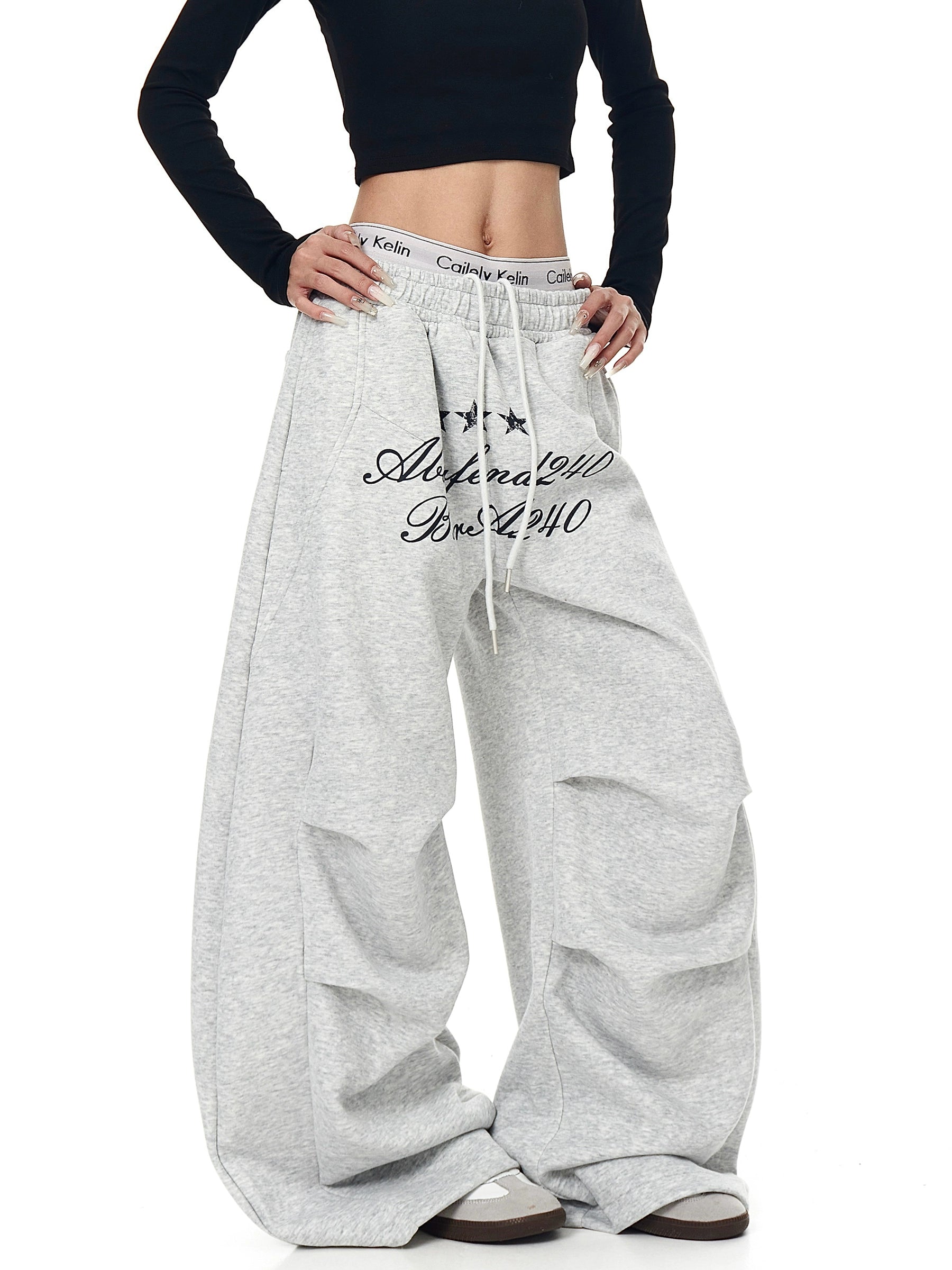 Star Letter Print Ruched Wide-Leg Sweatpants