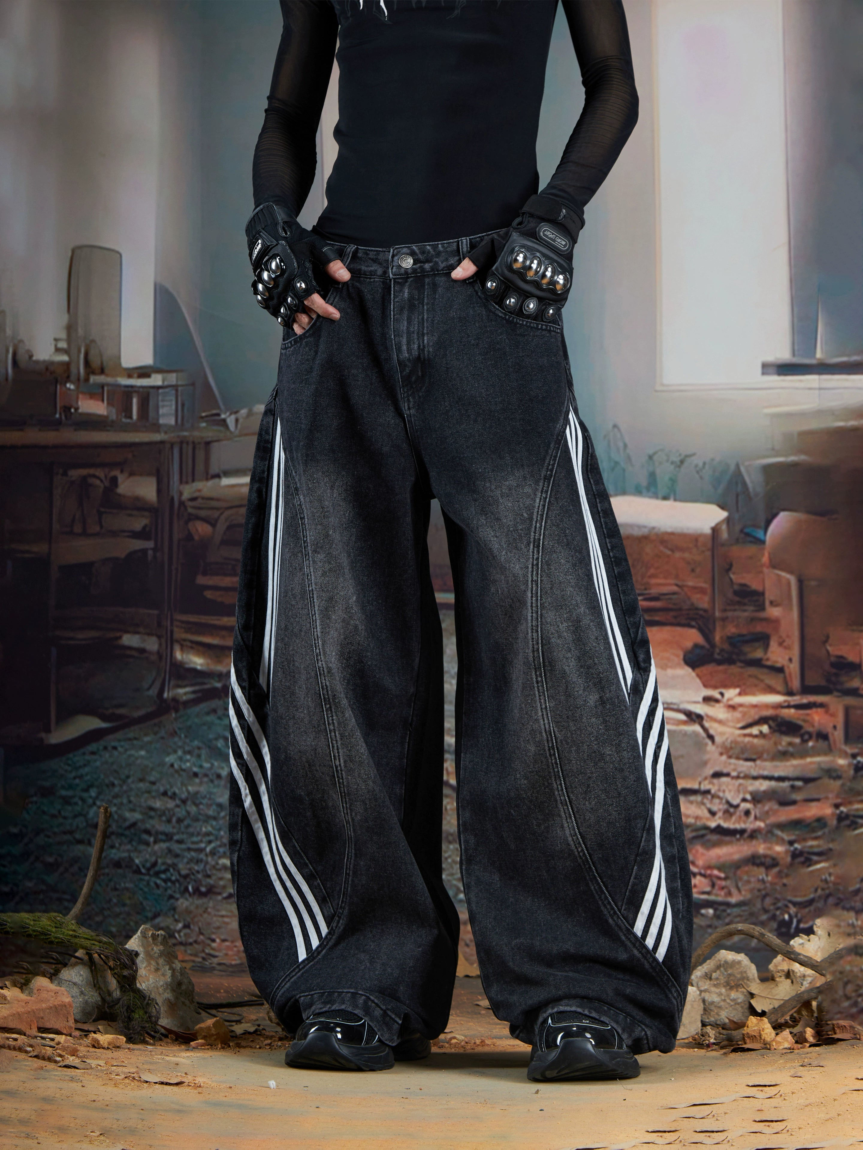 Three-Stripe Deconstructed Wide-Leg Denim Streetwear Pants