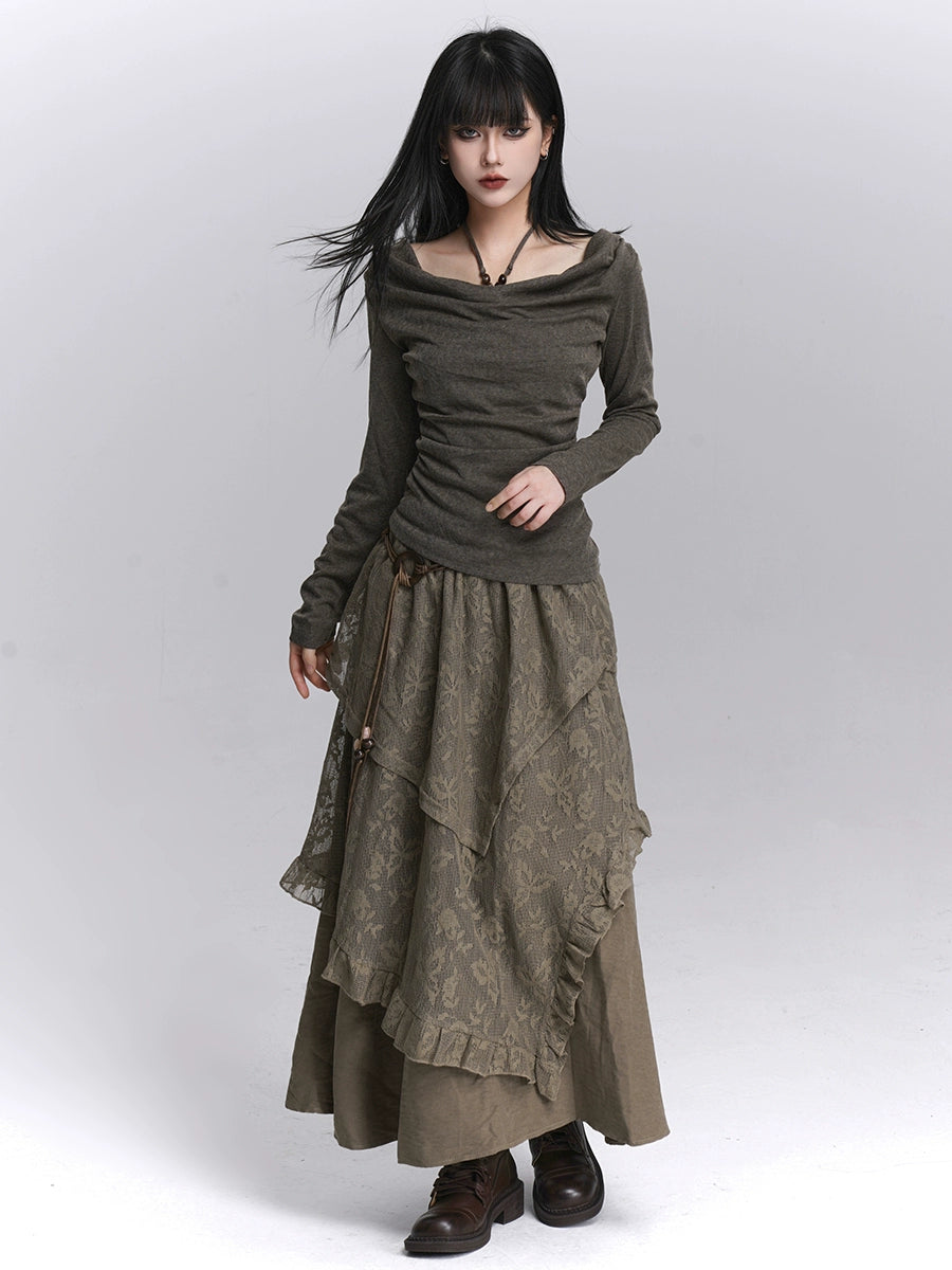 Brown Lace Long Skirt Mallard Style