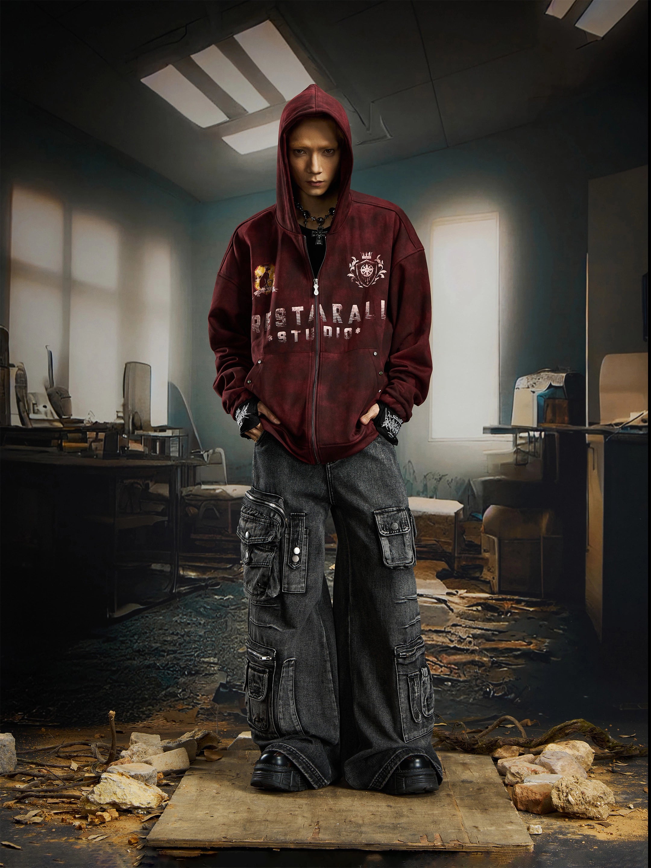 Tie-Dye Embroidered Badge Zip-Up Hoodie