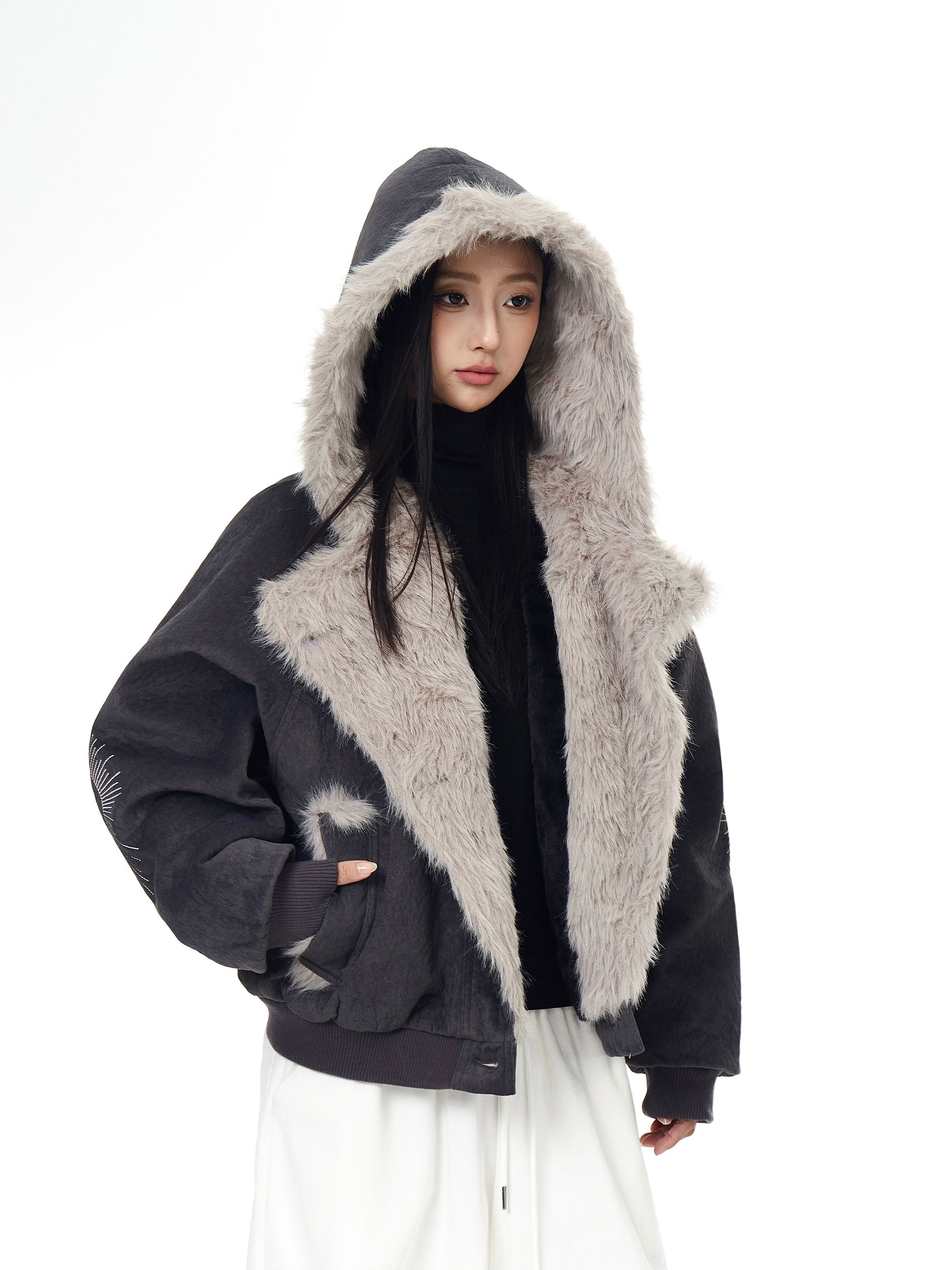 Wolf-Fur Spliced Mountain Hawk Hooded Coat