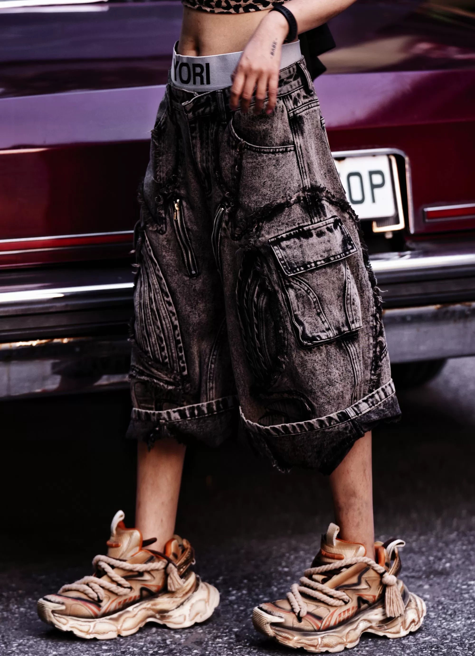 Heavy Embroidered Washed Patchwork Denim Pants