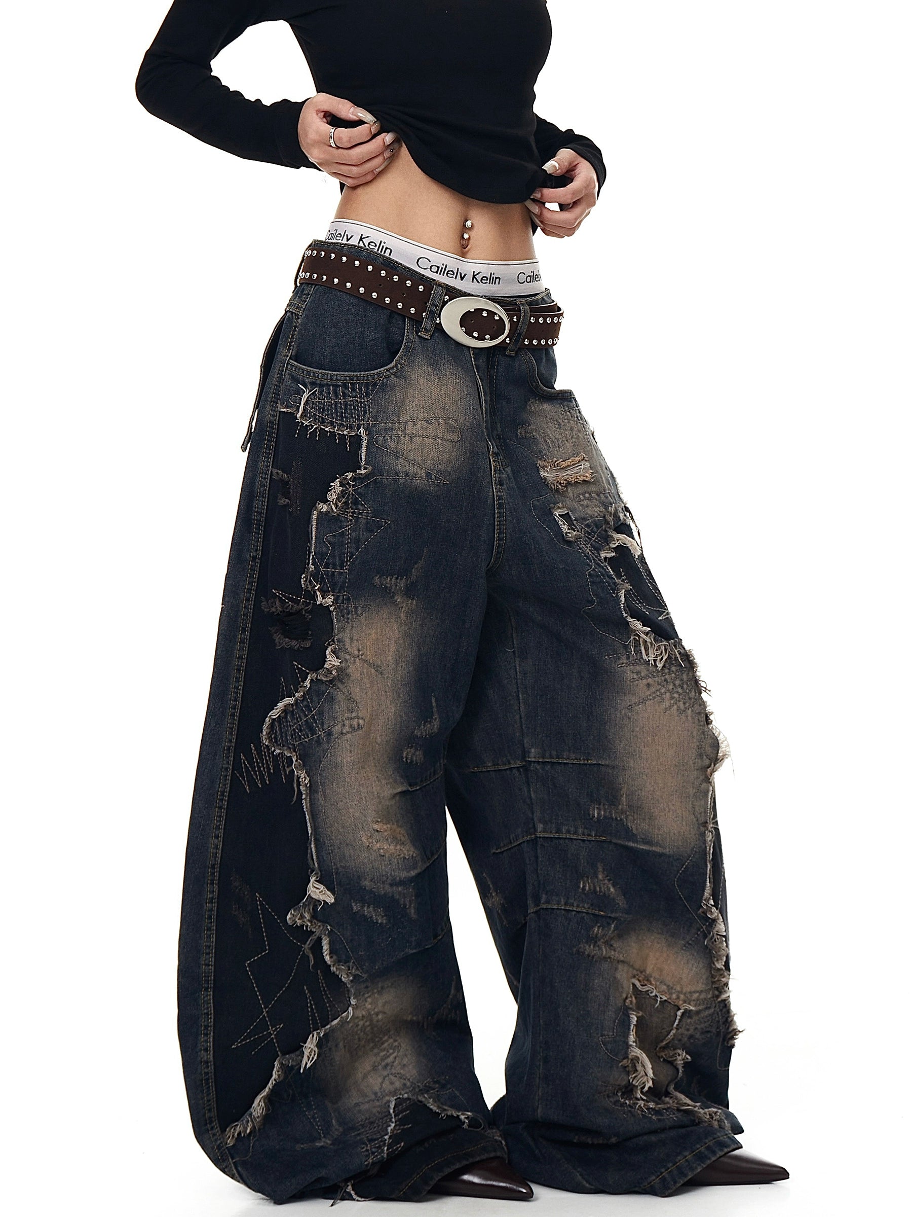Distressed Edge Deconstructed Denim Pants