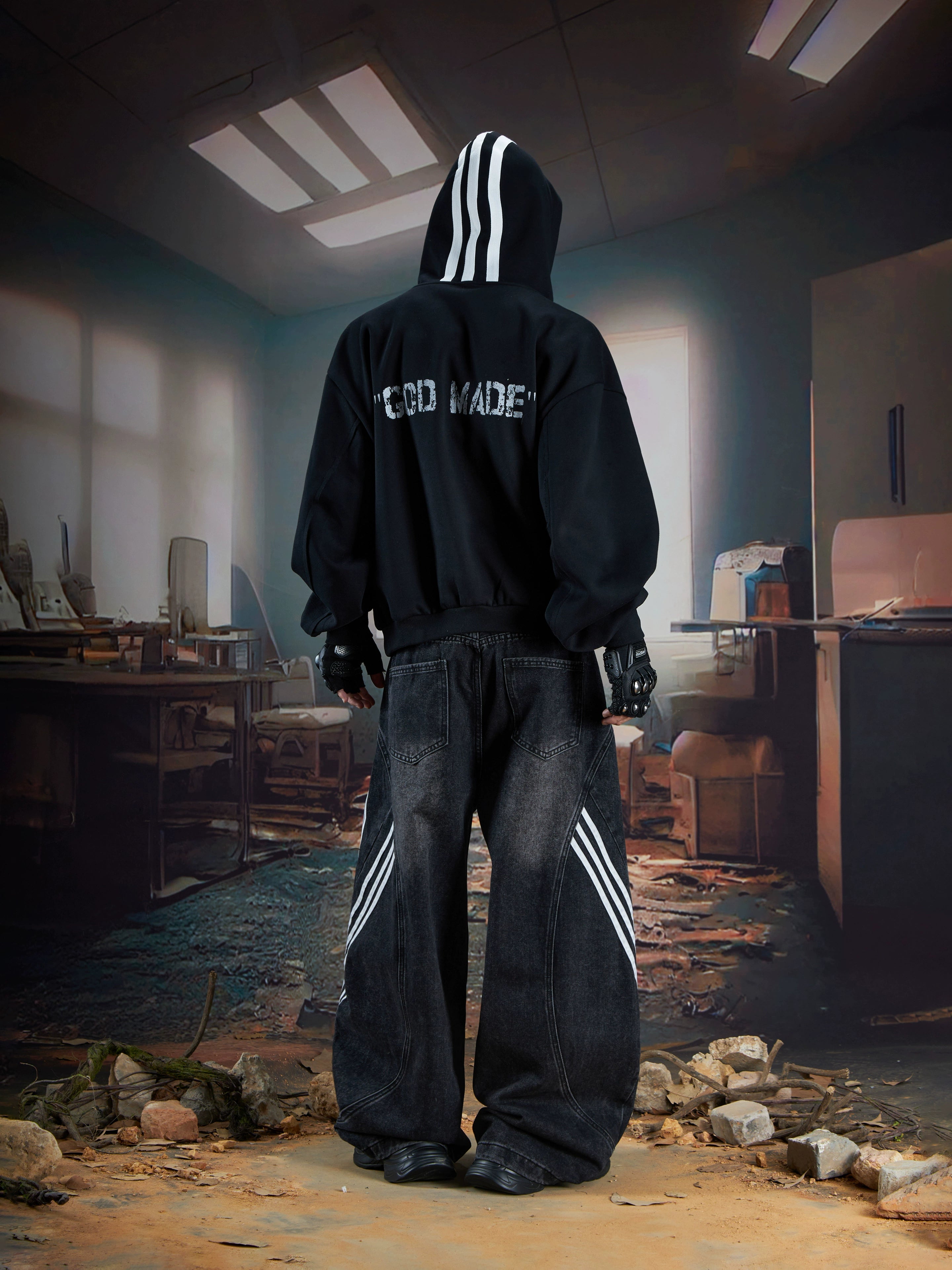 Three-Stripe Deconstructed Wide-Leg Denim Streetwear Pants