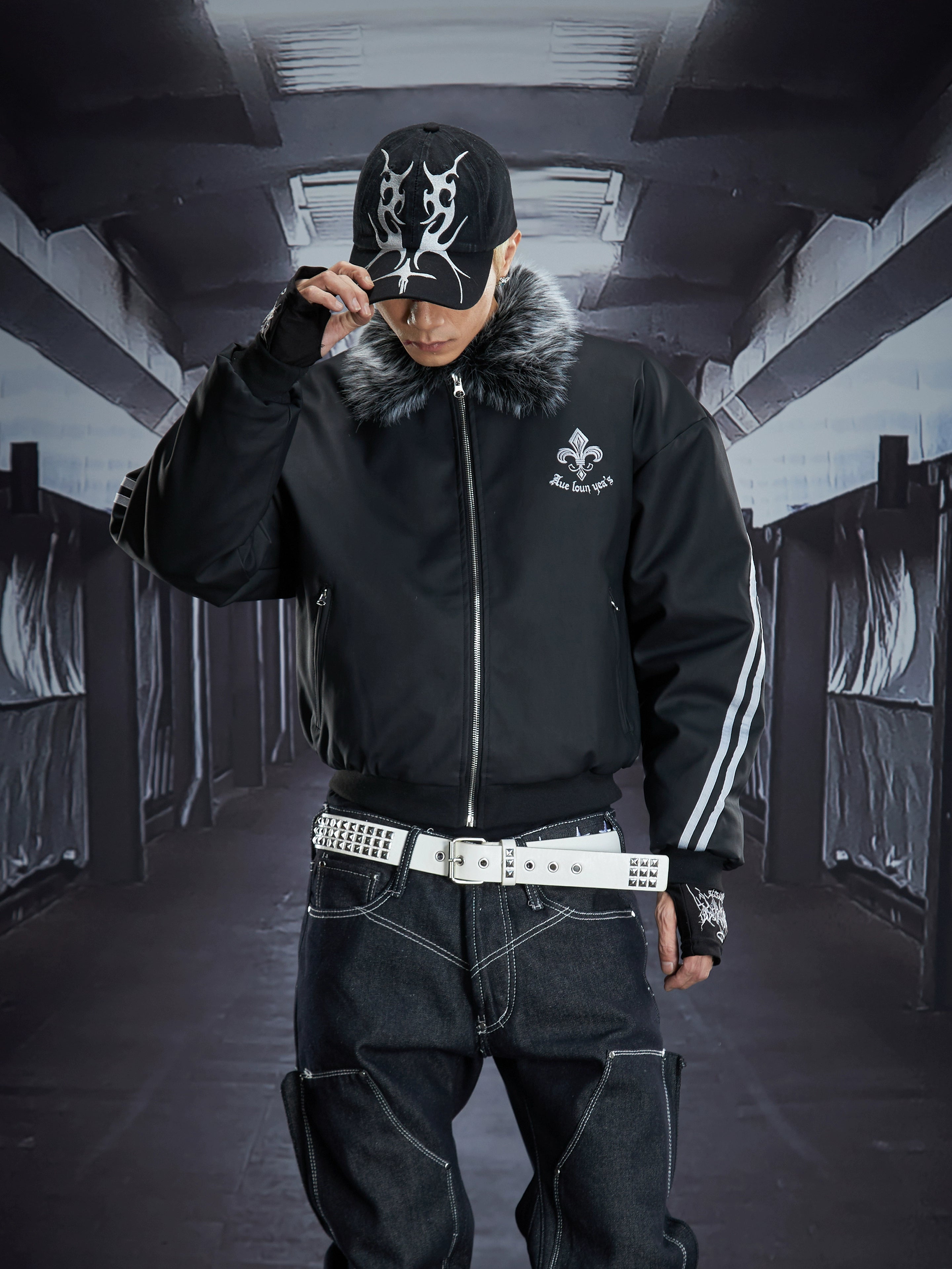 PU Leather Furry-Collar Embroidered Short Padded Jacket