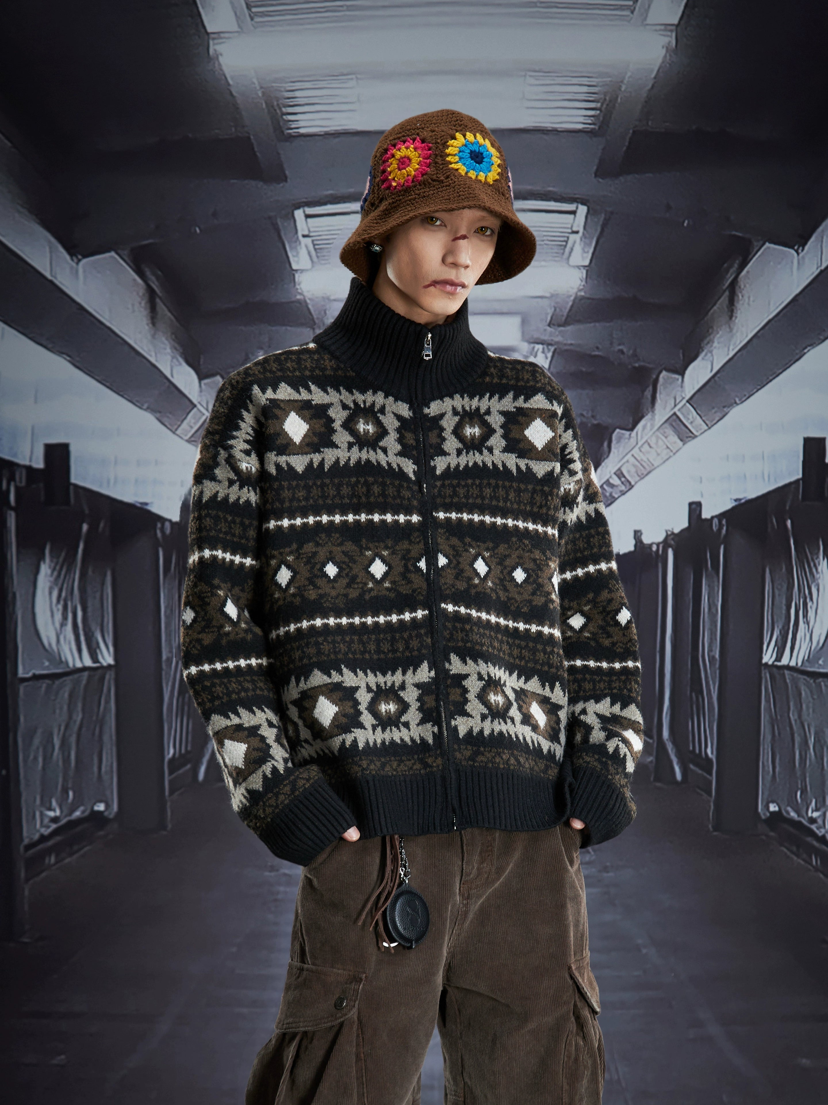 A relaxed stand-collar zip-up knit sweater offering soft warmth and a calm, effortless vibe. A cozy Sanhoostudio staple for autumn and winter.