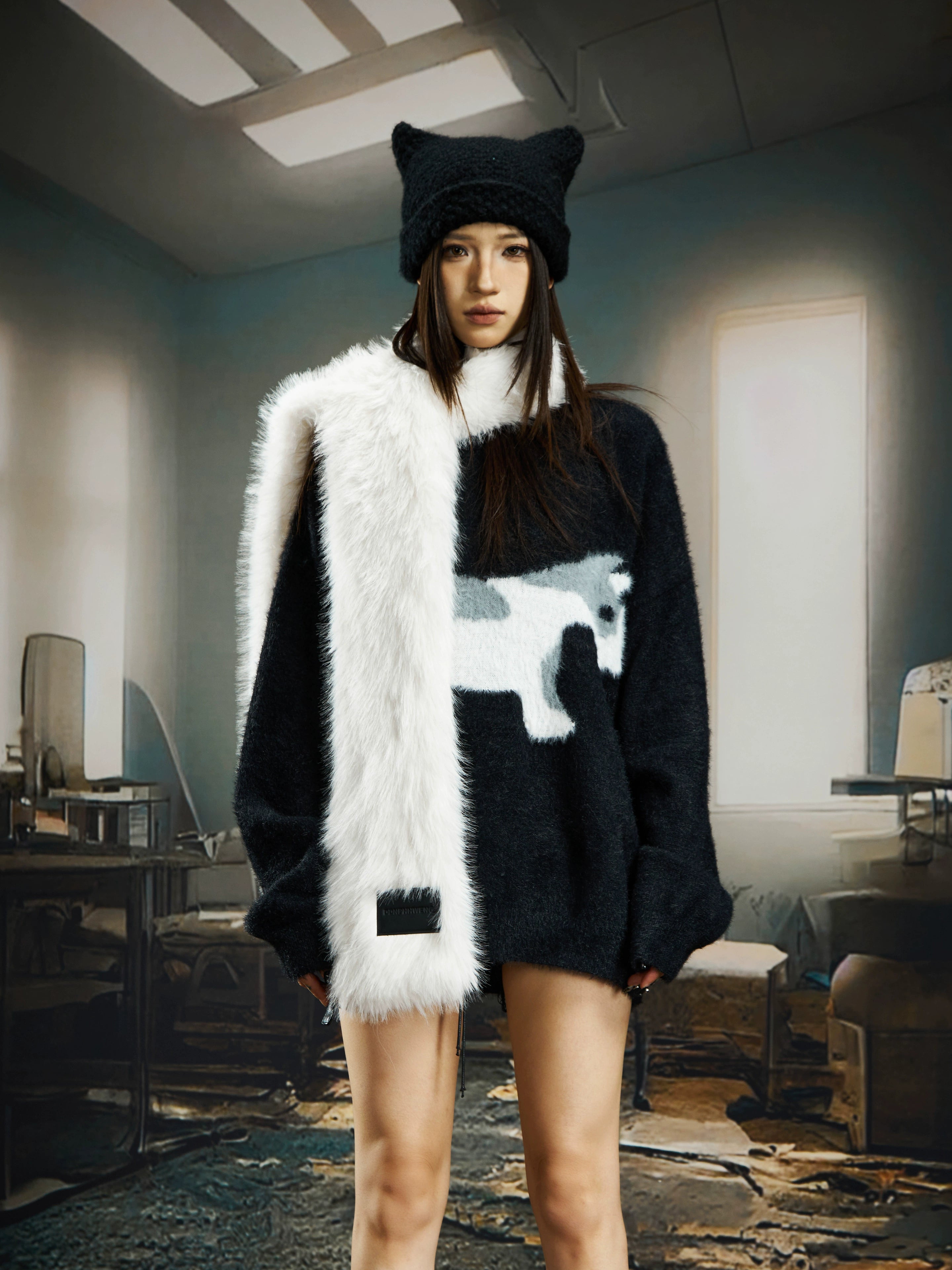 A soft mohair-inspired dog-pattern knit sweater from Sanhoostudio, featuring a relaxed unisex silhouette and warm cozy texture for winter streetwear layering.
