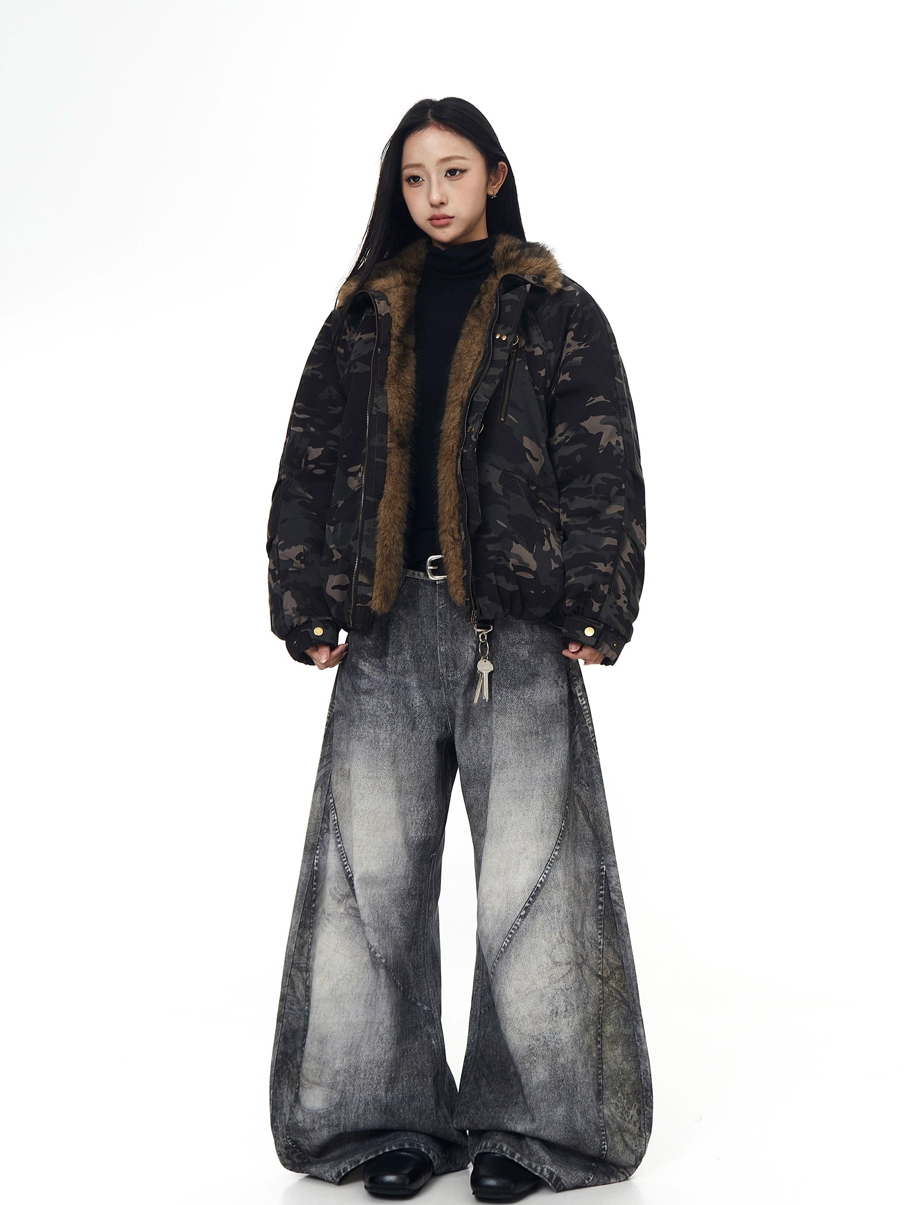 Camouflage Hawk Fur-Collar Buckle Puffer Jacket