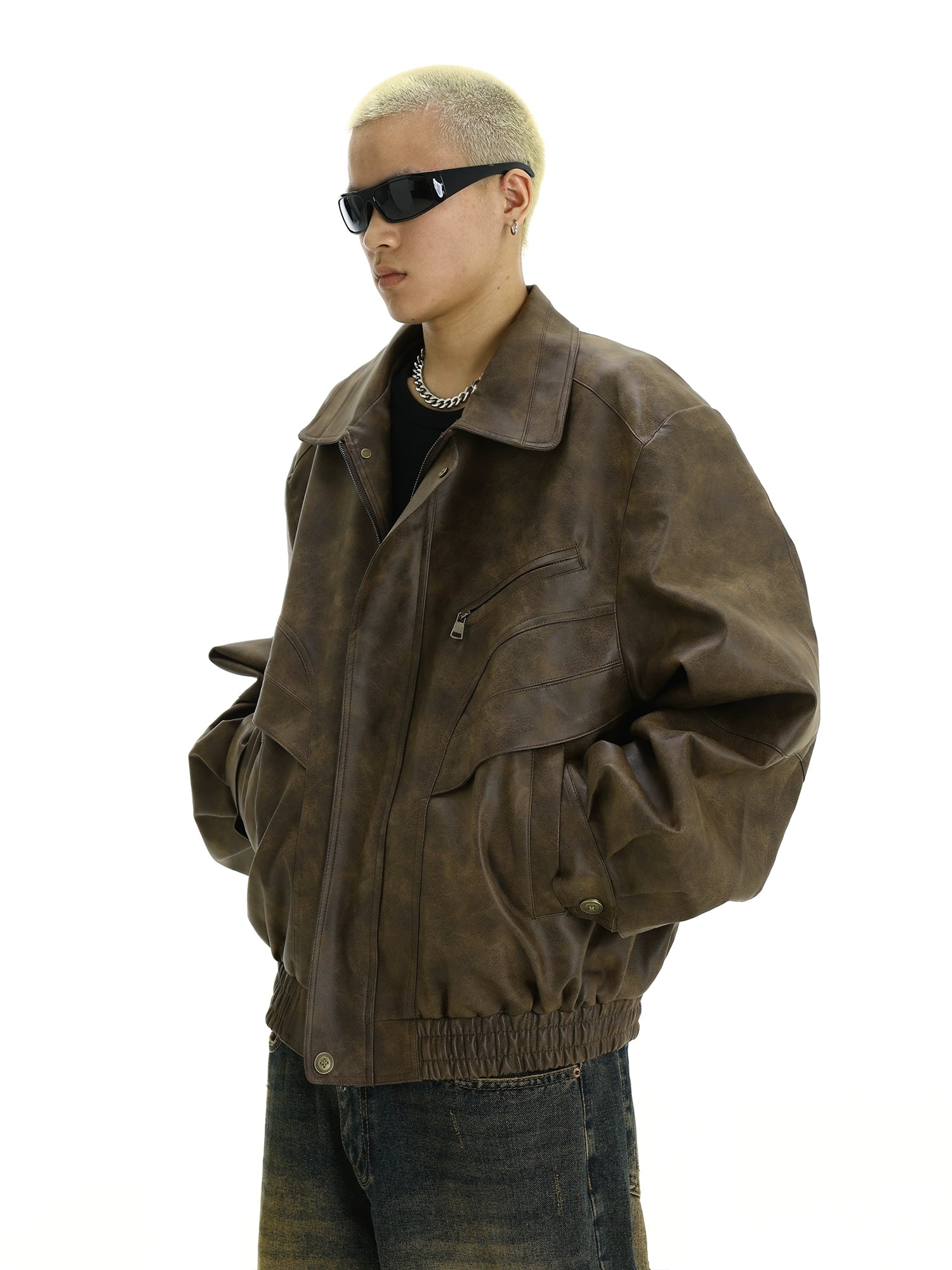 Vintage Brown Distressed Leather Jacket with Turn-Down Collar