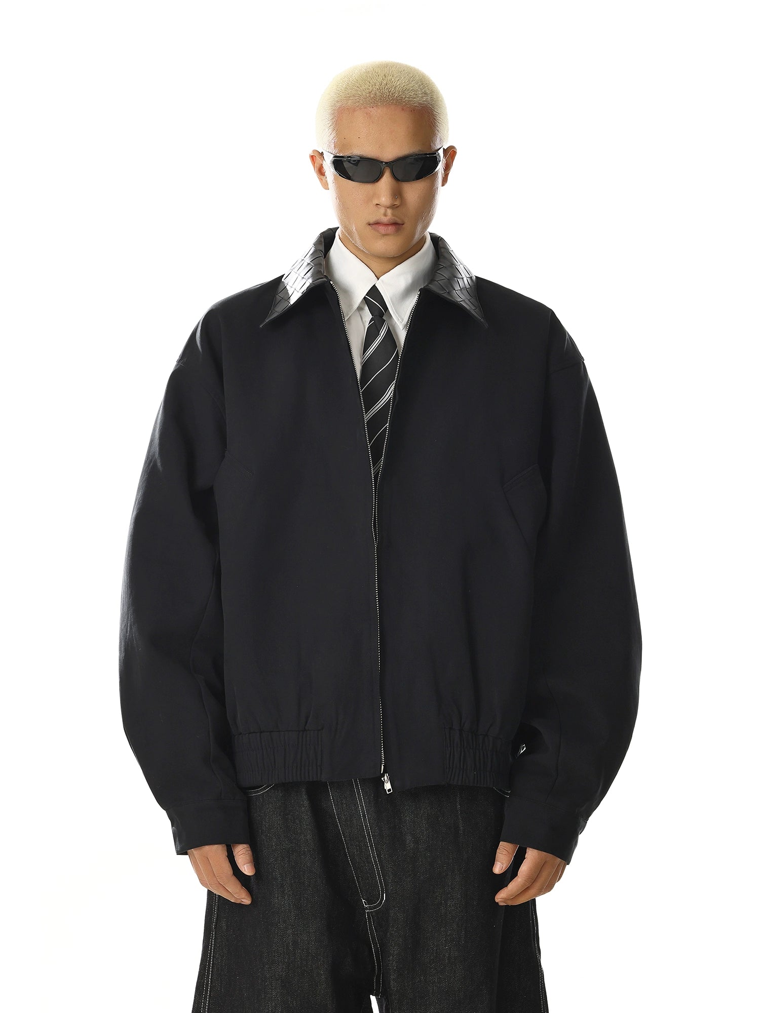 Minimalist Leather Collar Jacket with Relaxed Streetwear Design