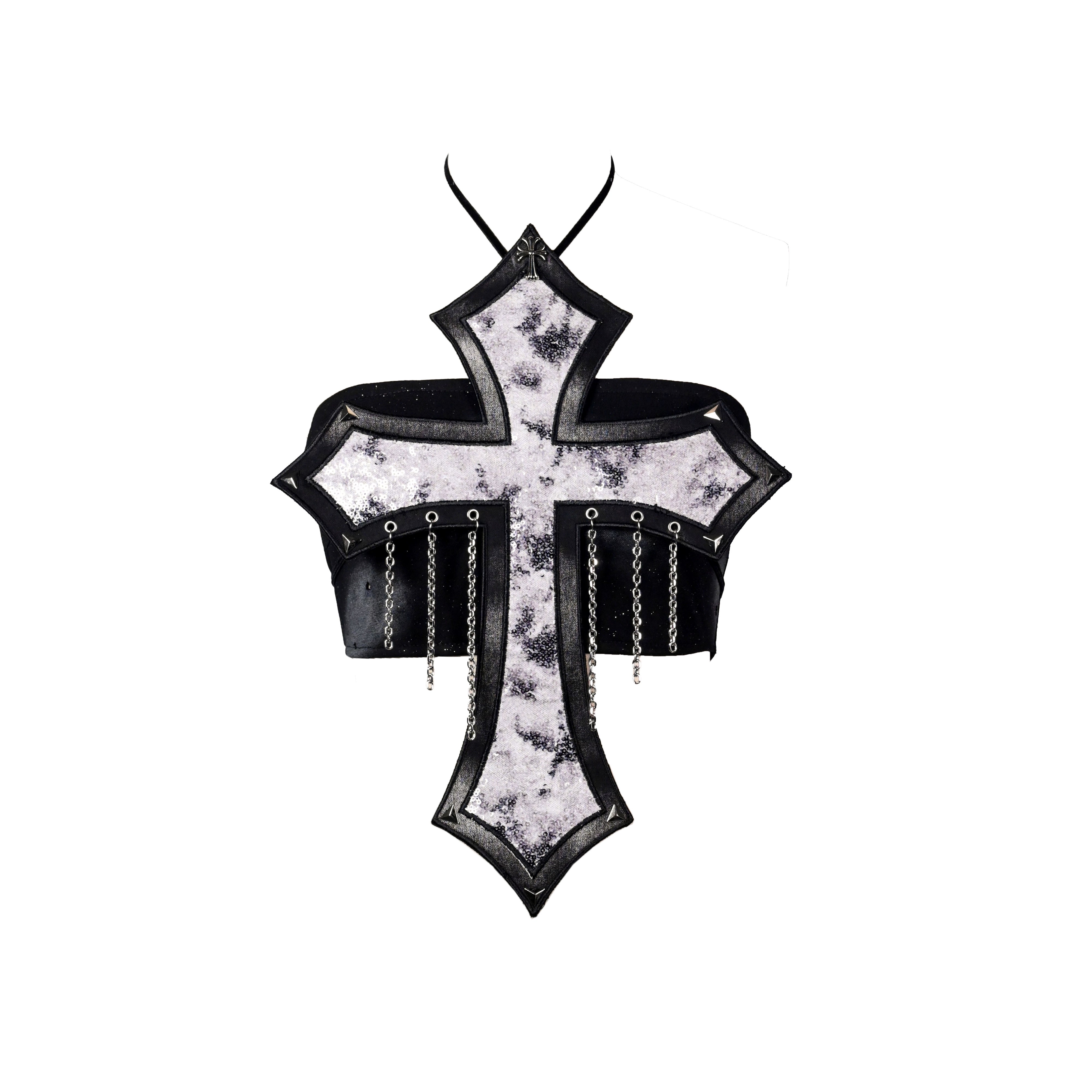 Sanhoostudio Sequin Chain Cross Bustier crafted from 100% polyester features Y3K punk style with chain and sequin details. Perfect for streetwear, festival looks, and summer fashion.