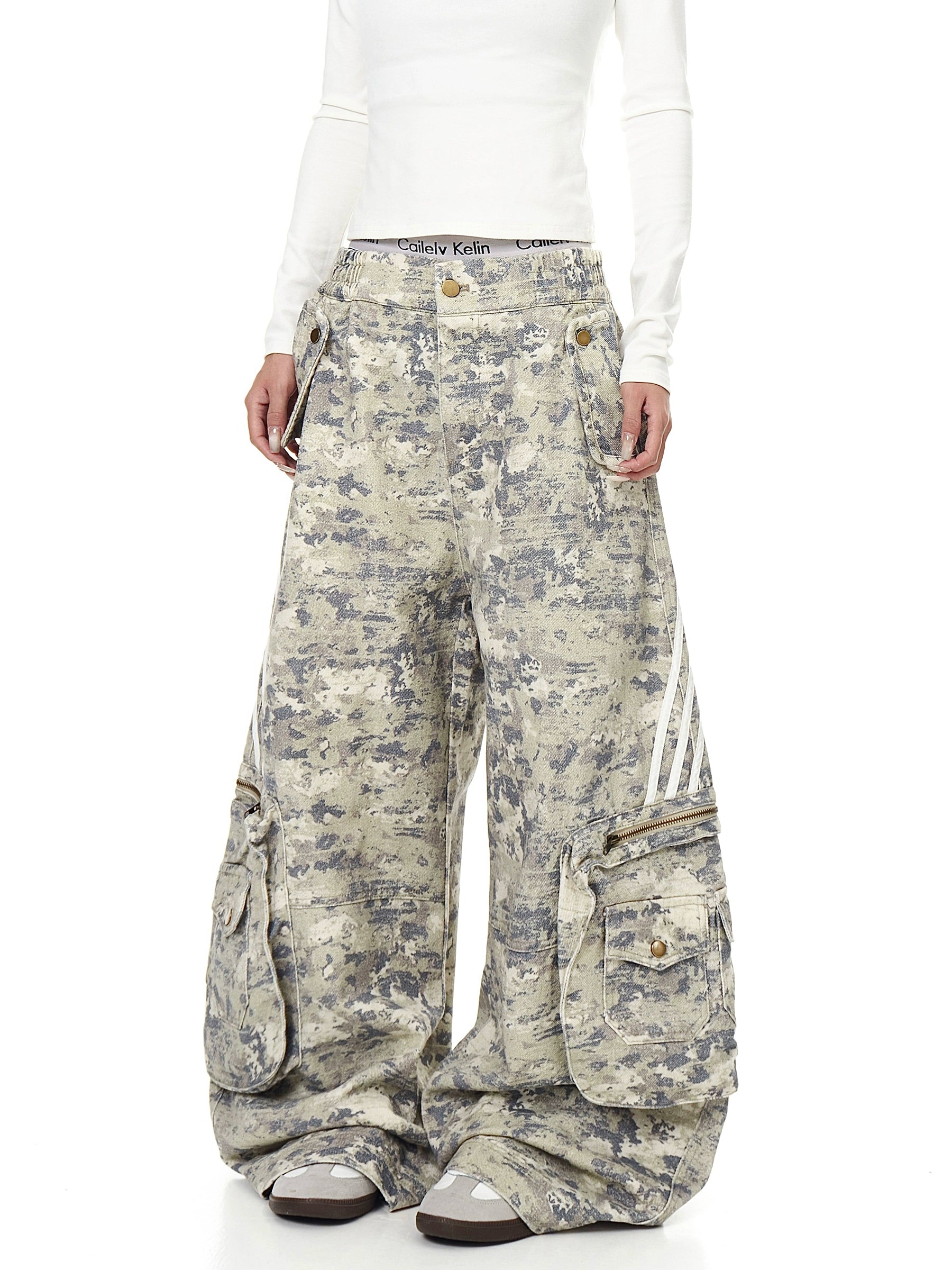 Vintage Striped Multi-Pocket Camo Cargo Pants