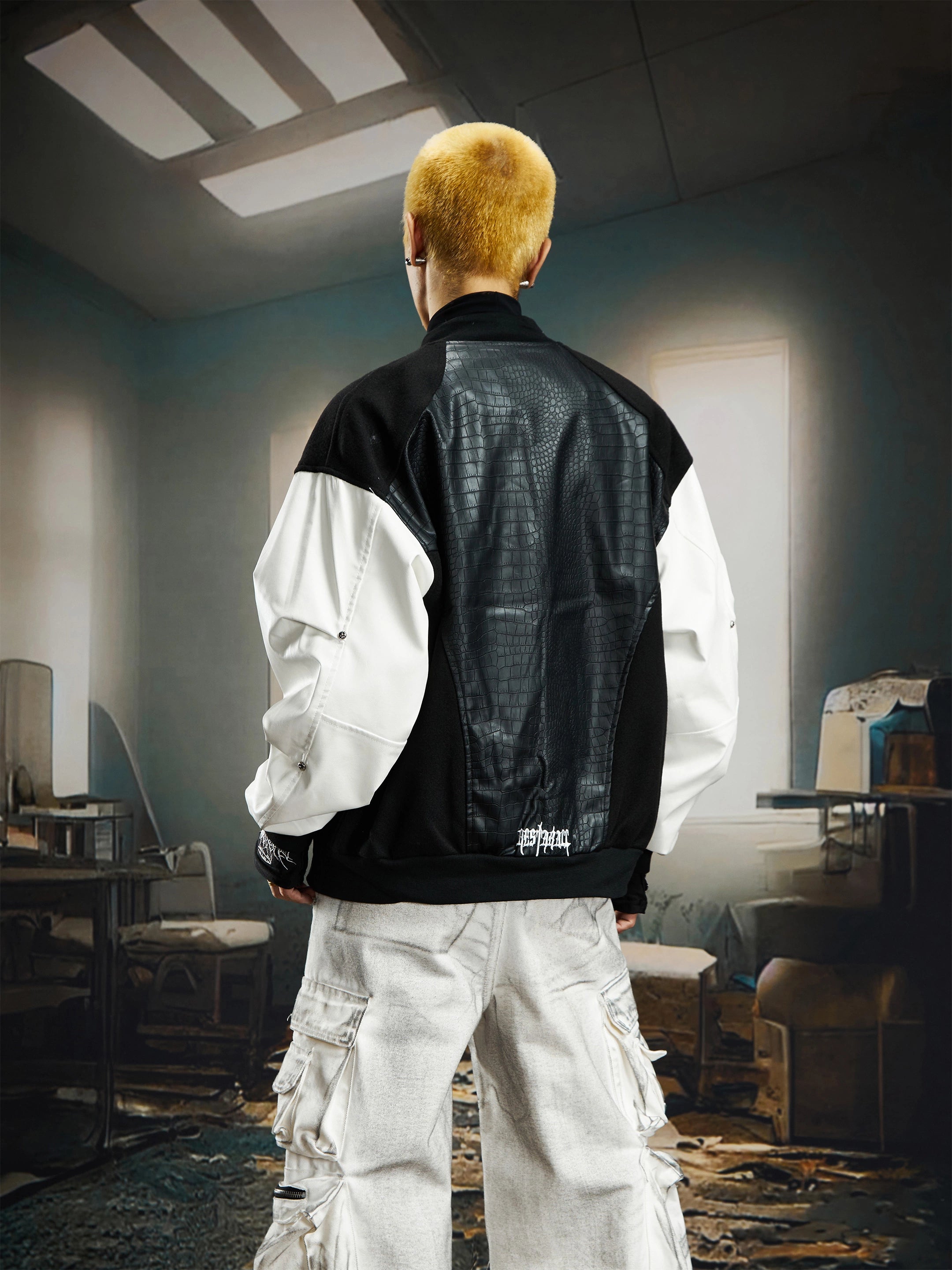 Snake-Pattern PU Deconstructed Varsity Jacket