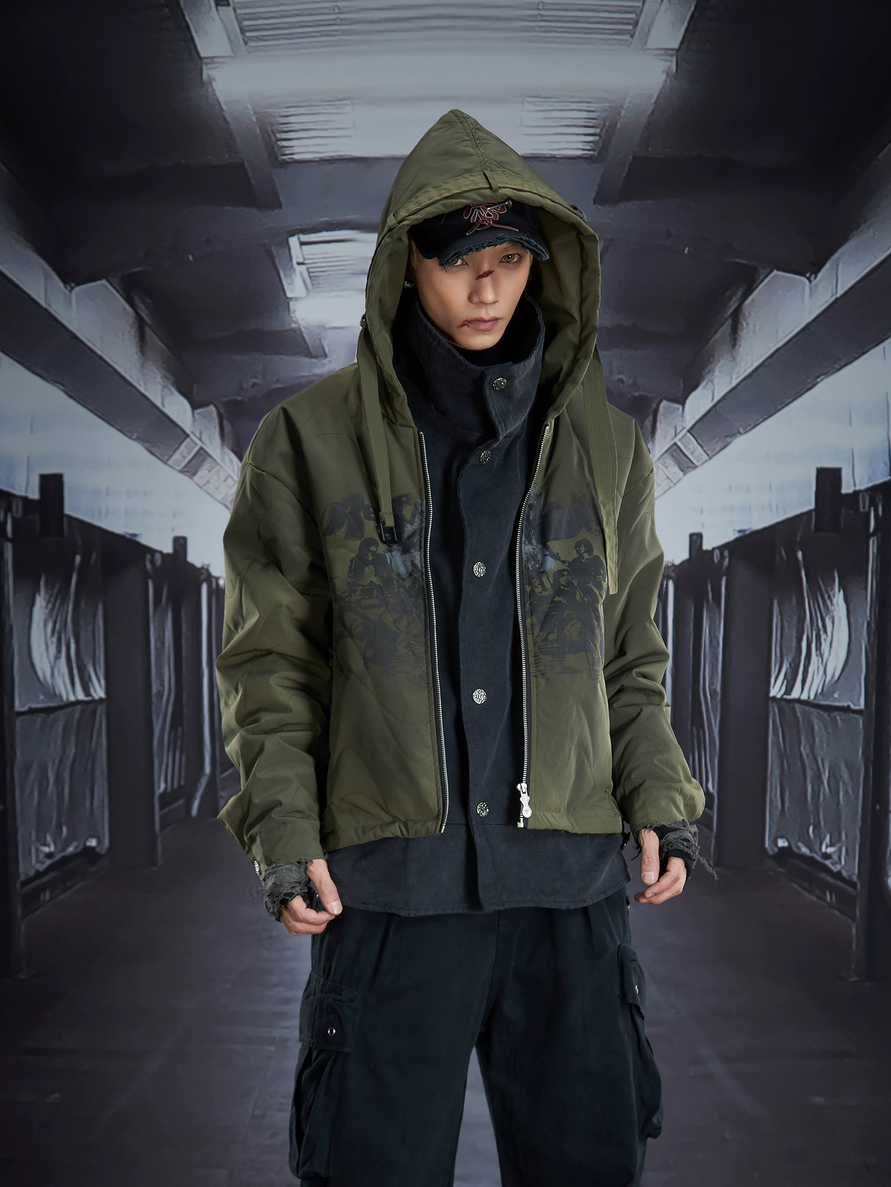 Heavyweight Faux-Layered Hooded Denim Patch Puffer