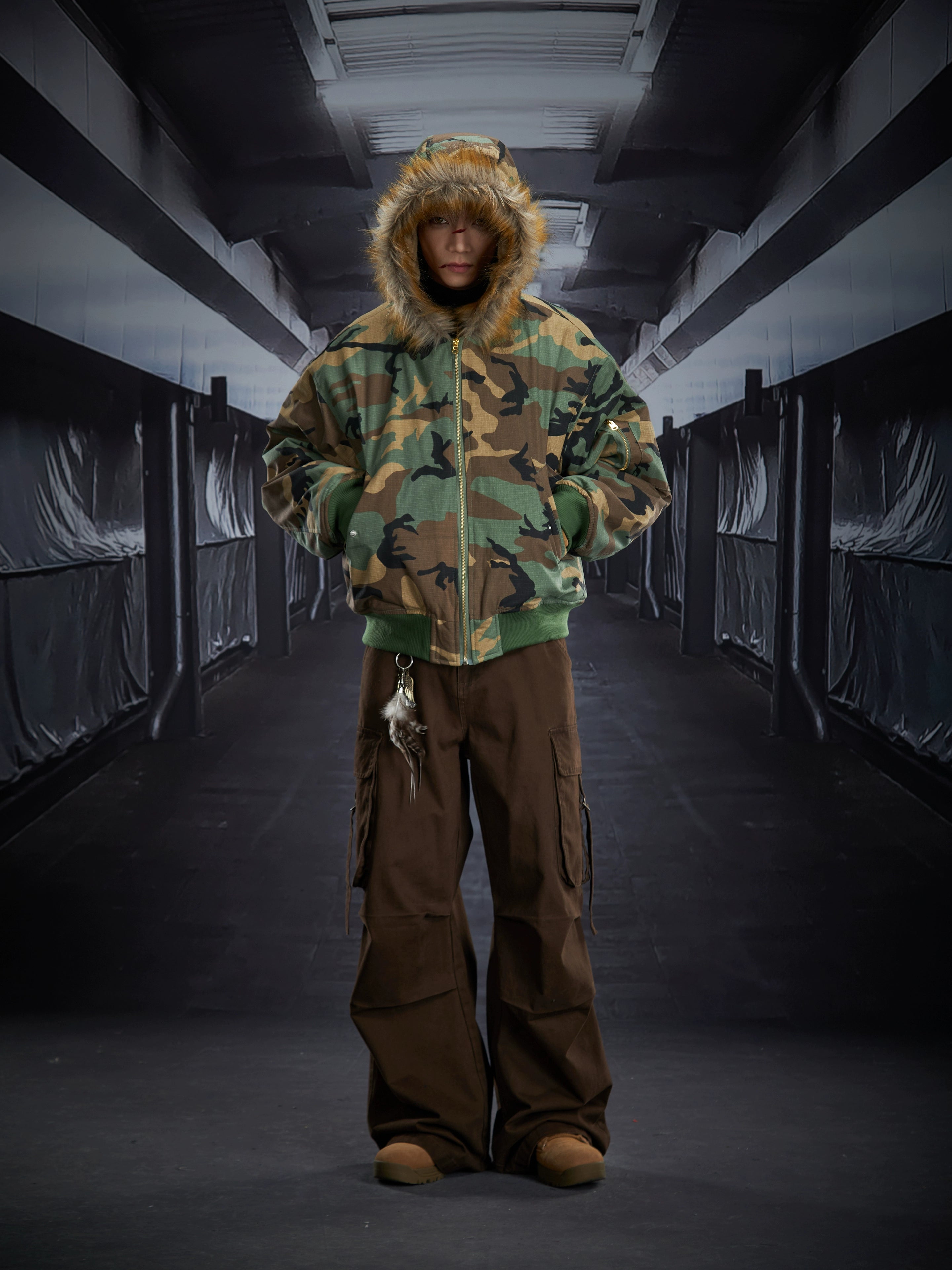 Fuzzy Hooded Camouflage Fleece-Lined Puffer Jacket