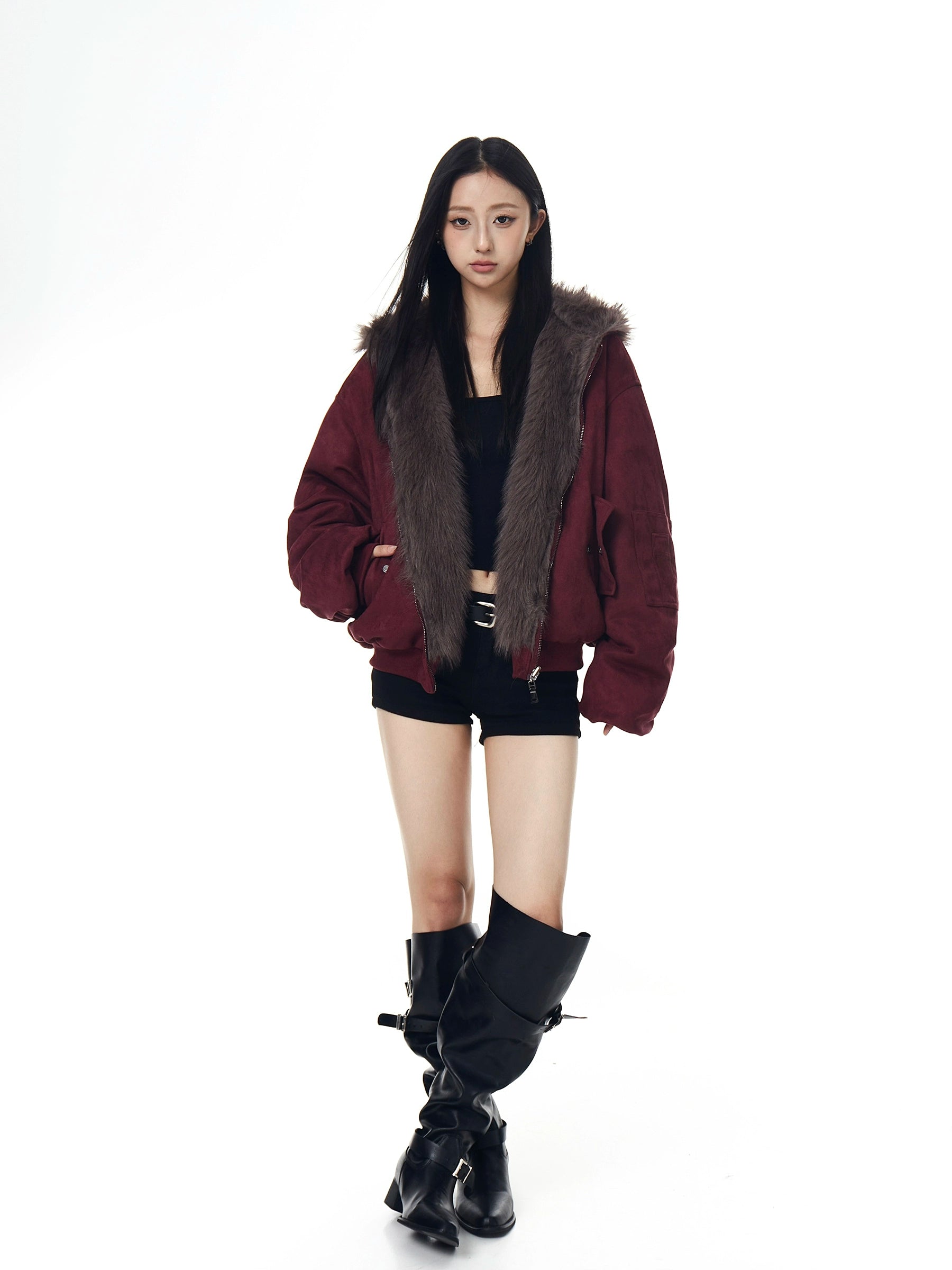 Reversible Suede-Fleece Hawk Fur Hooded Jacket