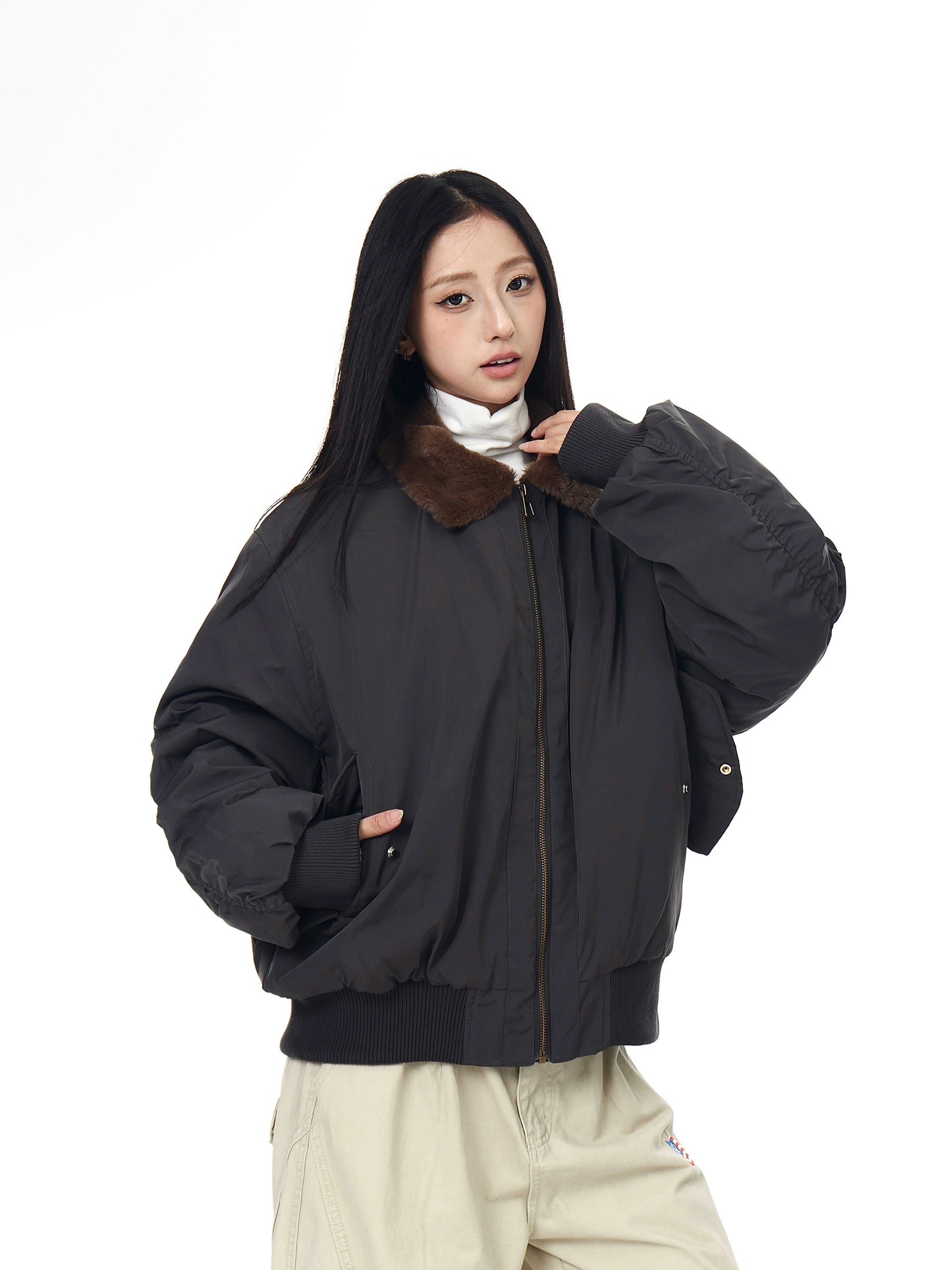 Bomber Shearling-Collar Spliced Flight Puffer Jacket