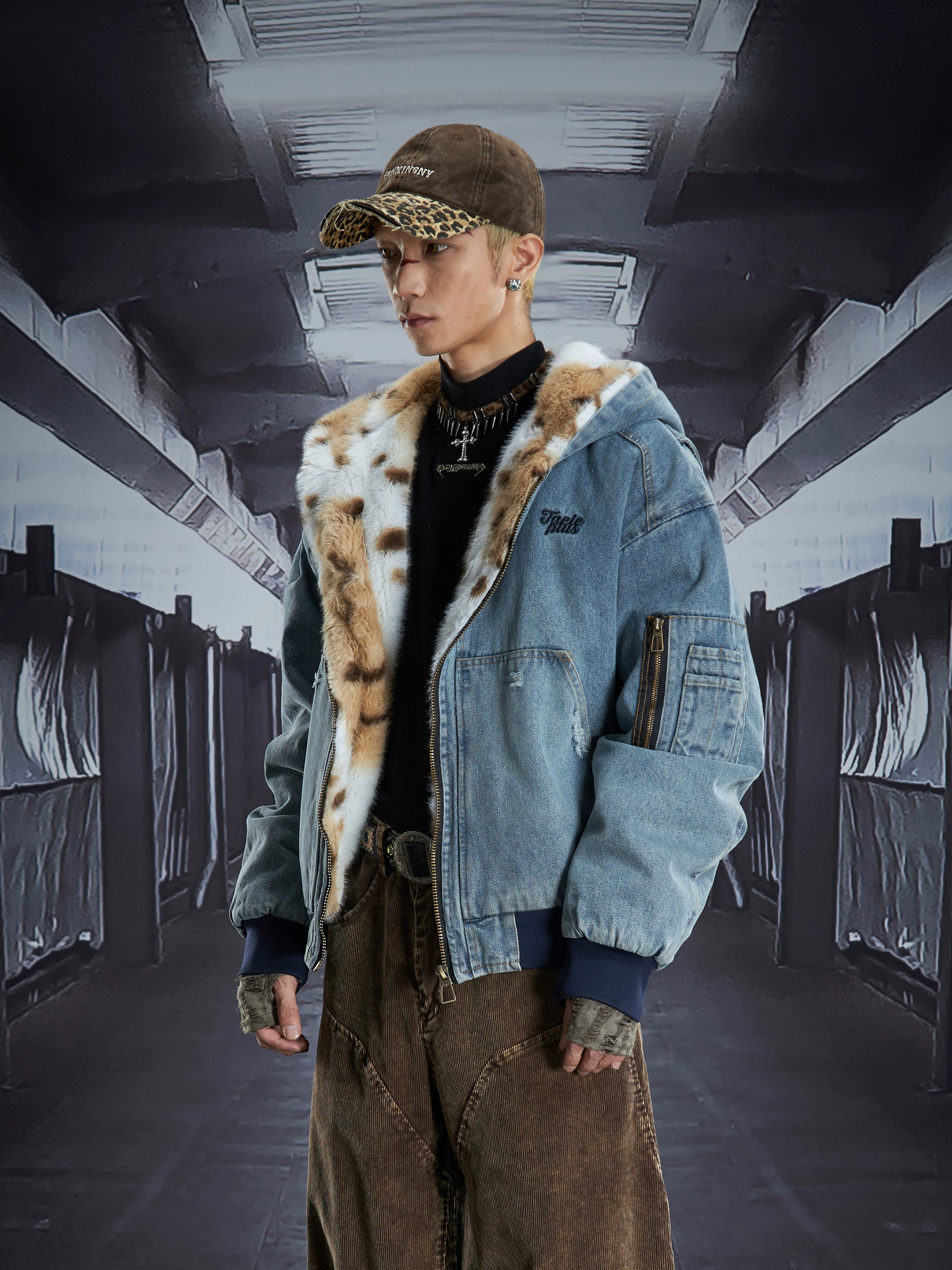 Washed Denim Leopard-Fur Hooded Puffer Jacket